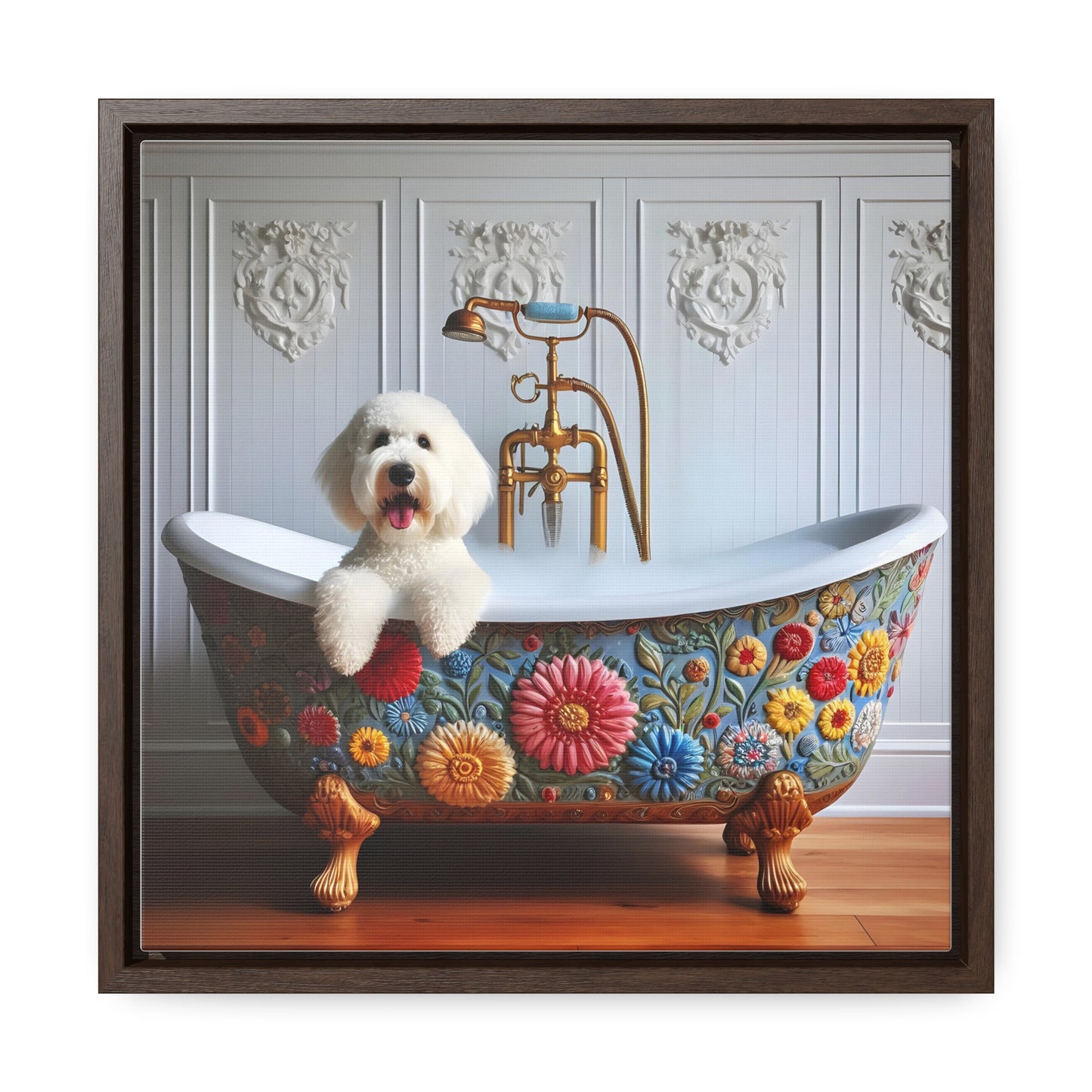 White Doodle Claw foot Tub Gallery Canvas Picture - Wooden Square Frame - Nice!