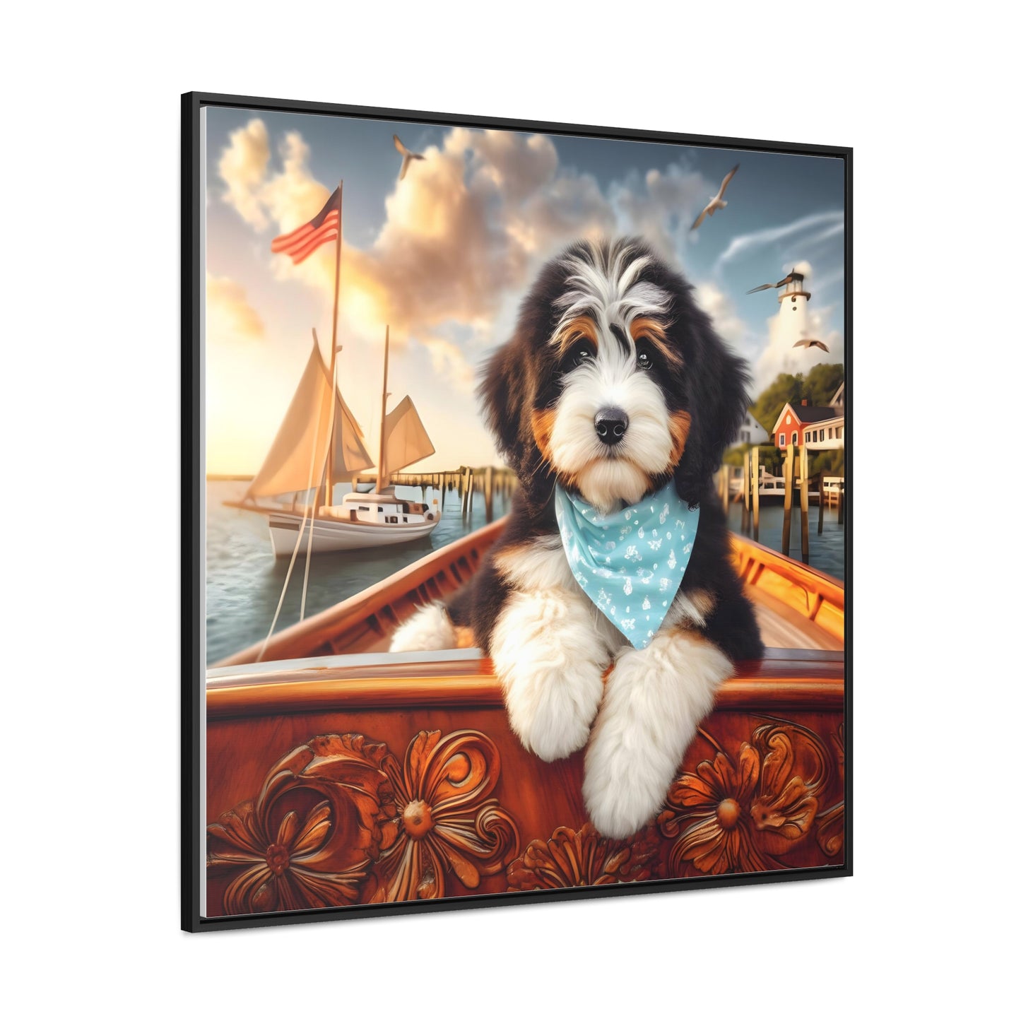 Bernedoodle on Sailboat - Wooden Gallery Canvas Picture - Square Frame - Nice!