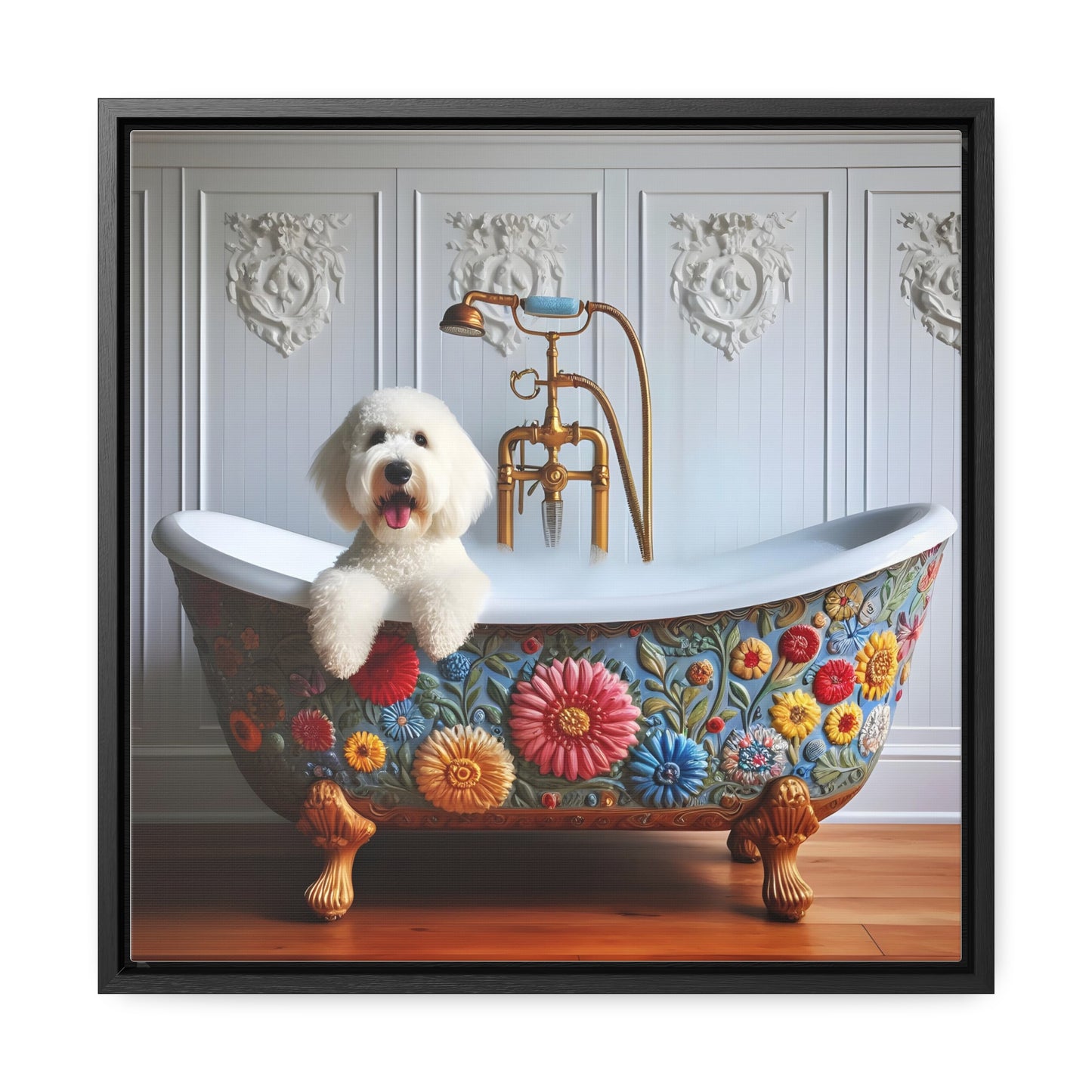White Doodle Claw foot Tub Gallery Canvas Picture - Wooden Square Frame - Nice!