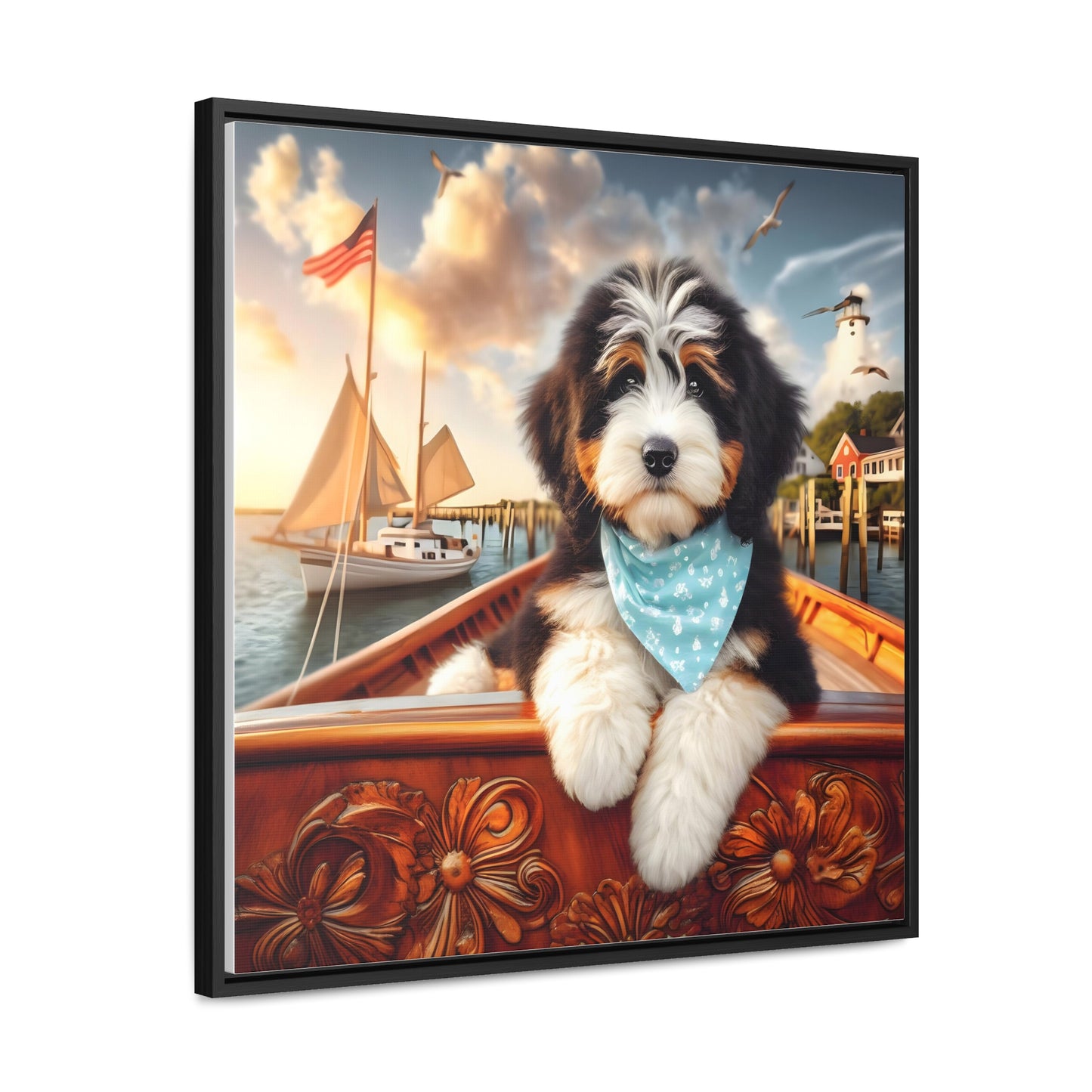 Bernedoodle on Sailboat - Wooden Gallery Canvas Picture - Square Frame - Nice!