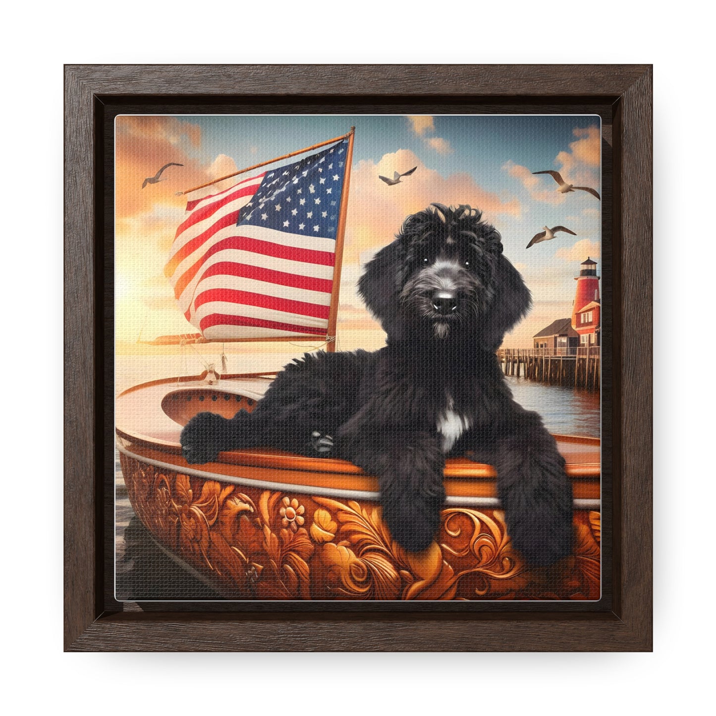 Black Doodle on Sailboat - Wooden Gallery Canvas Picture - Square Frame - Nice!