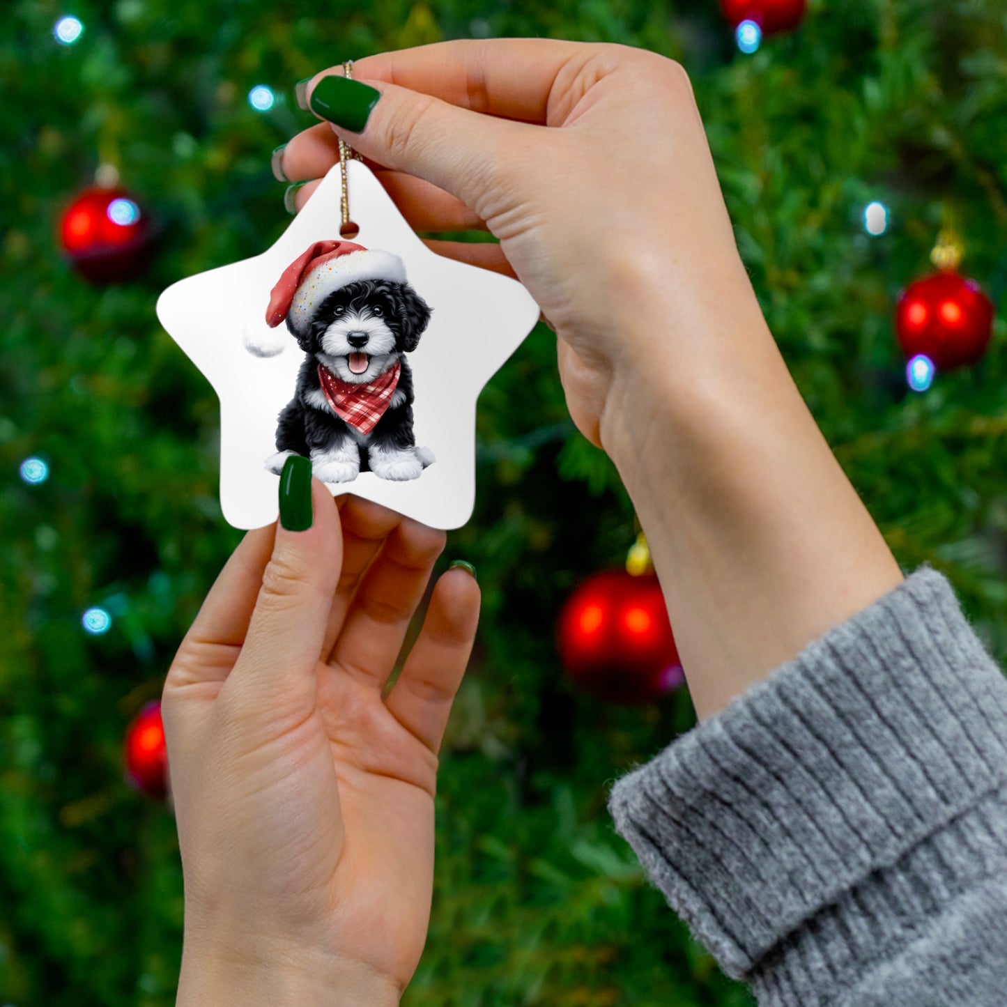 Black & White Doodle Puppy Ceramic Ornament, 4 Shapes