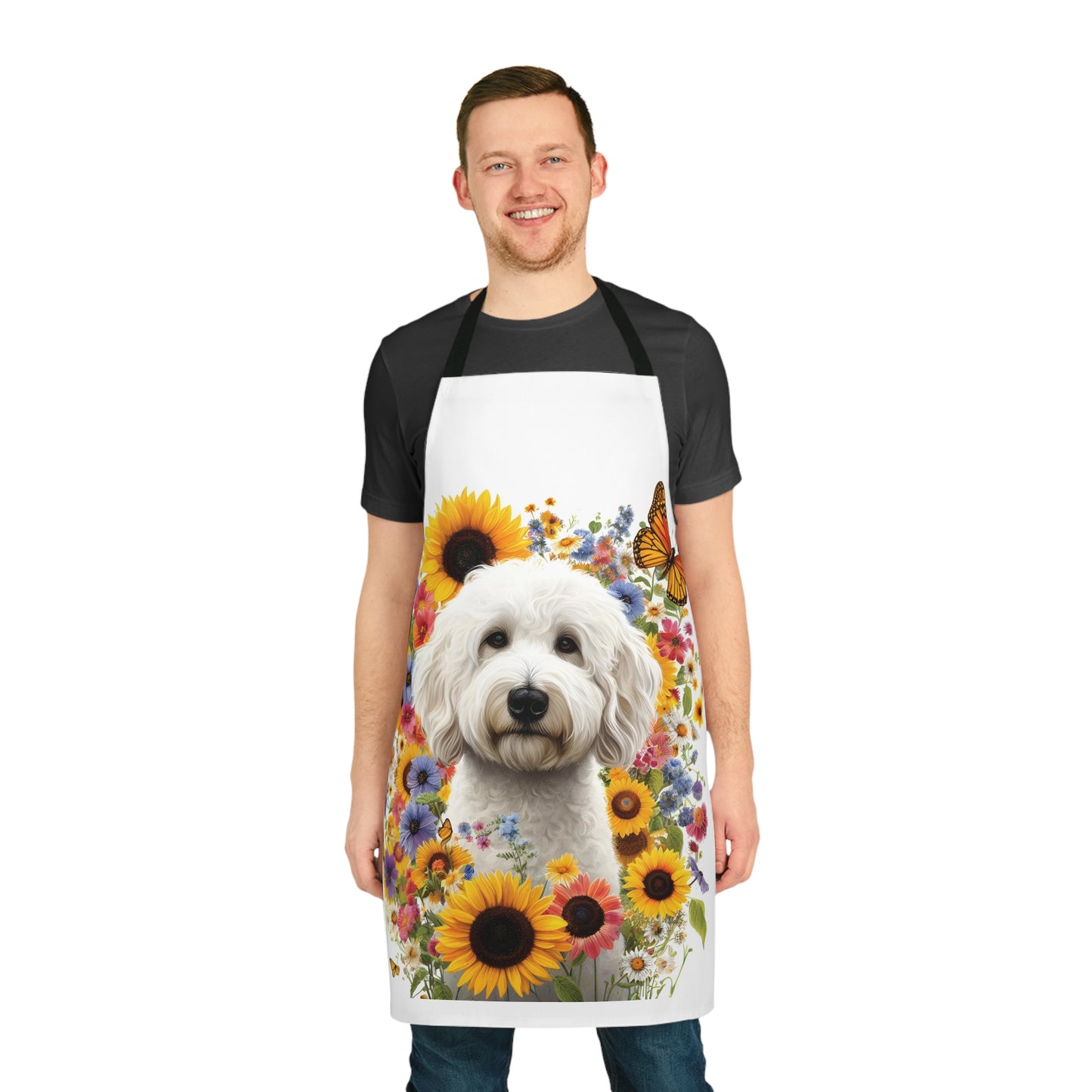 White Sunflower Doodle Apron