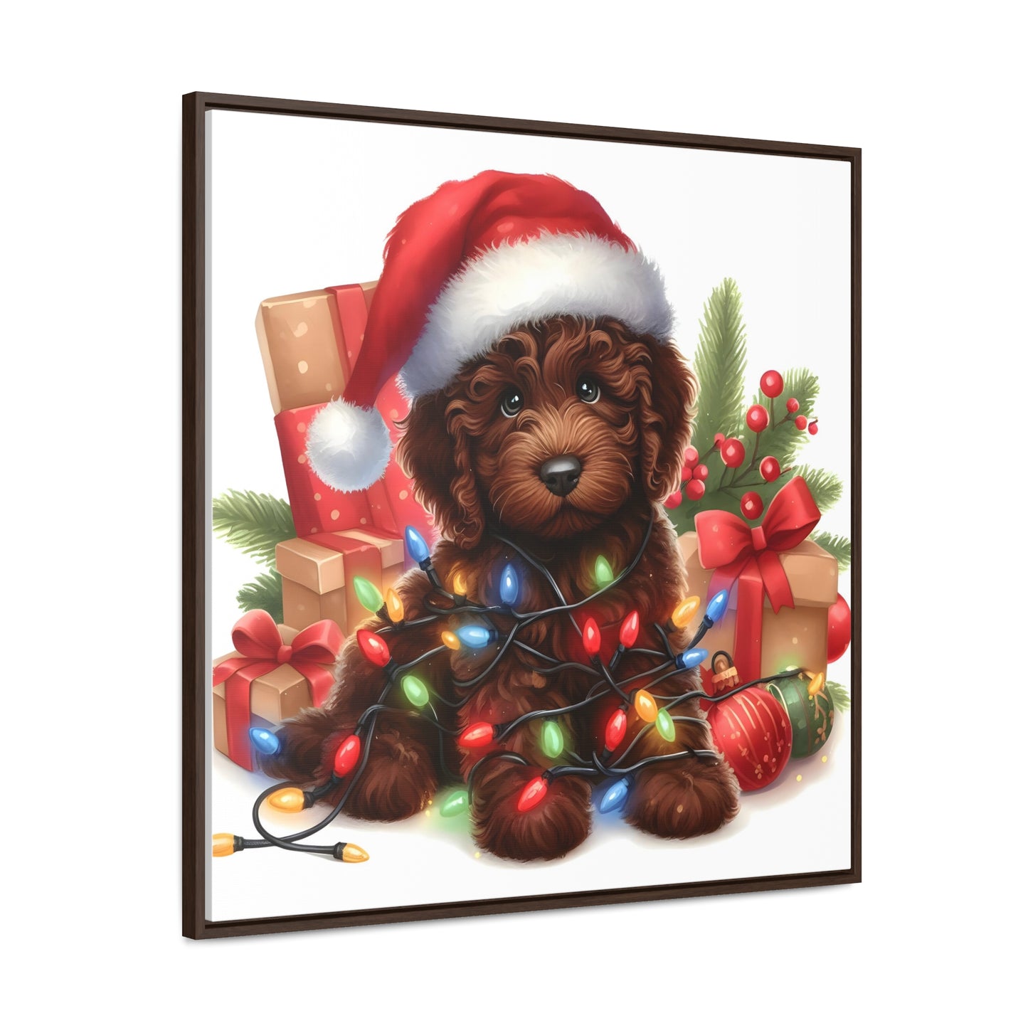 Christmas Lights Chocolate Doodle Puppy - Wooden Gallery Canvas Square Frame - Nice!