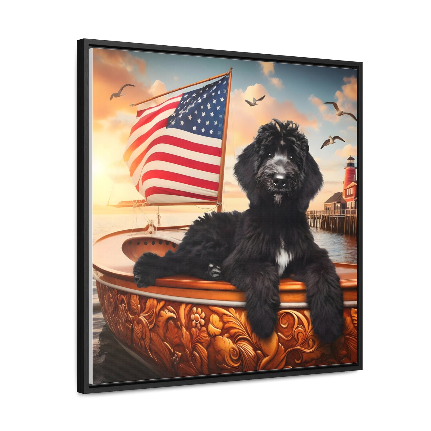 Black Doodle on Sailboat - Wooden Gallery Canvas Picture - Square Frame - Nice!