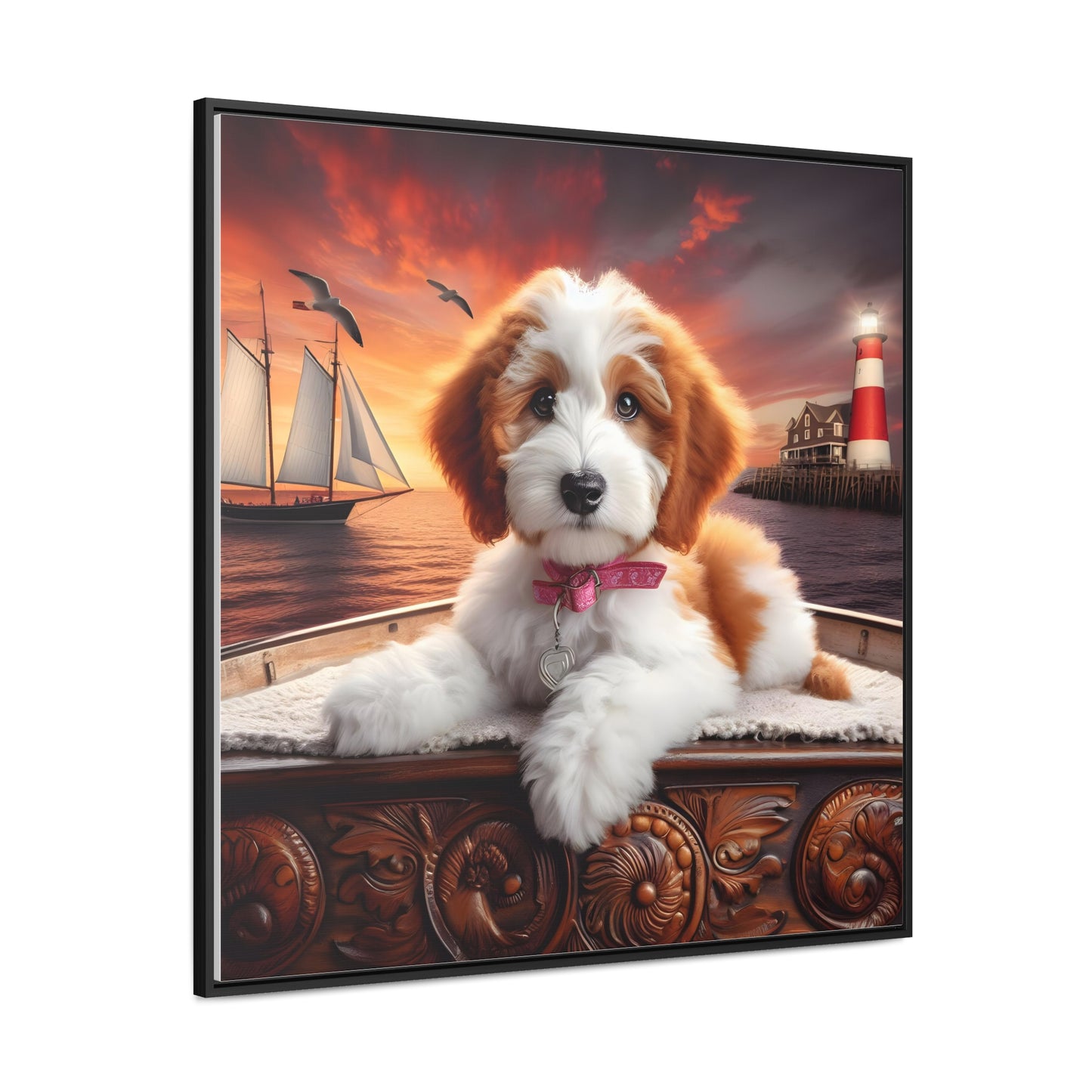 Red and White Doodle on Sailboat at Sunset - Wooden Gallery Canvas Picture - Square Frame - Nice!
