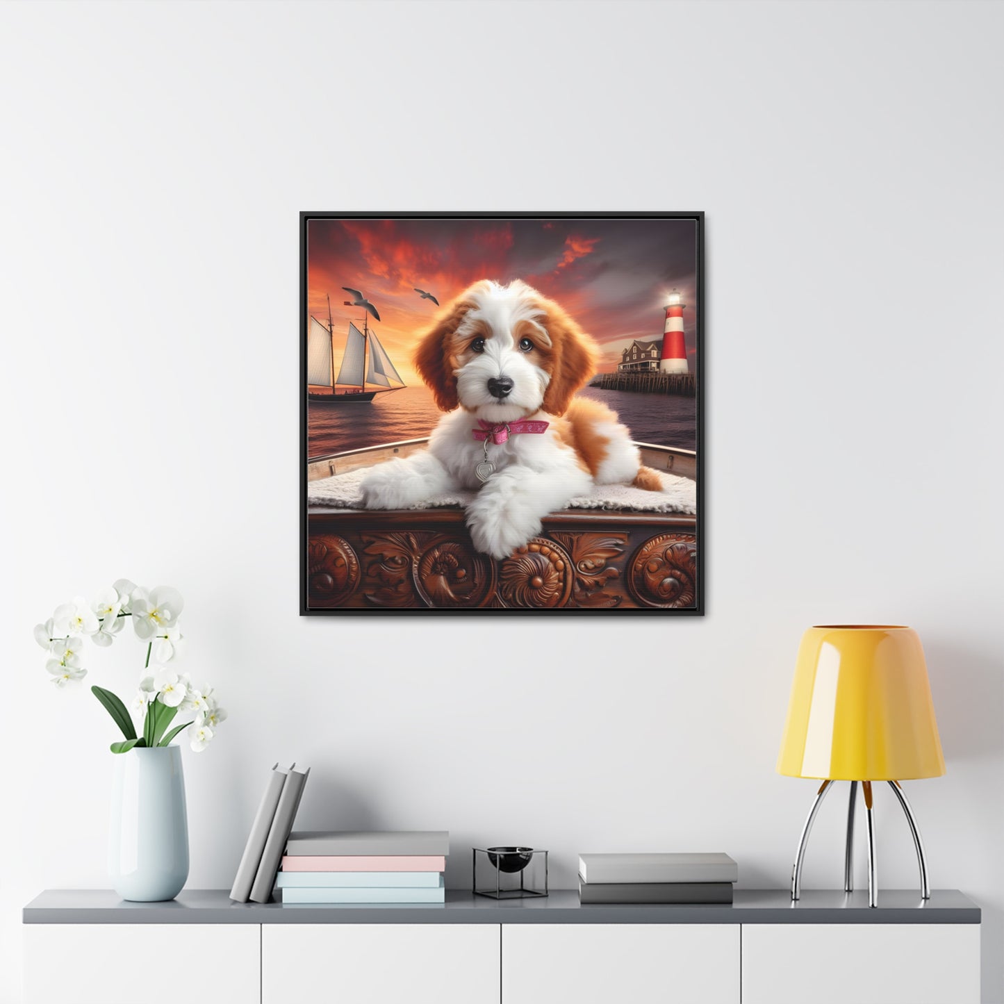 Red and White Doodle on Sailboat at Sunset - Wooden Gallery Canvas Picture - Square Frame - Nice!