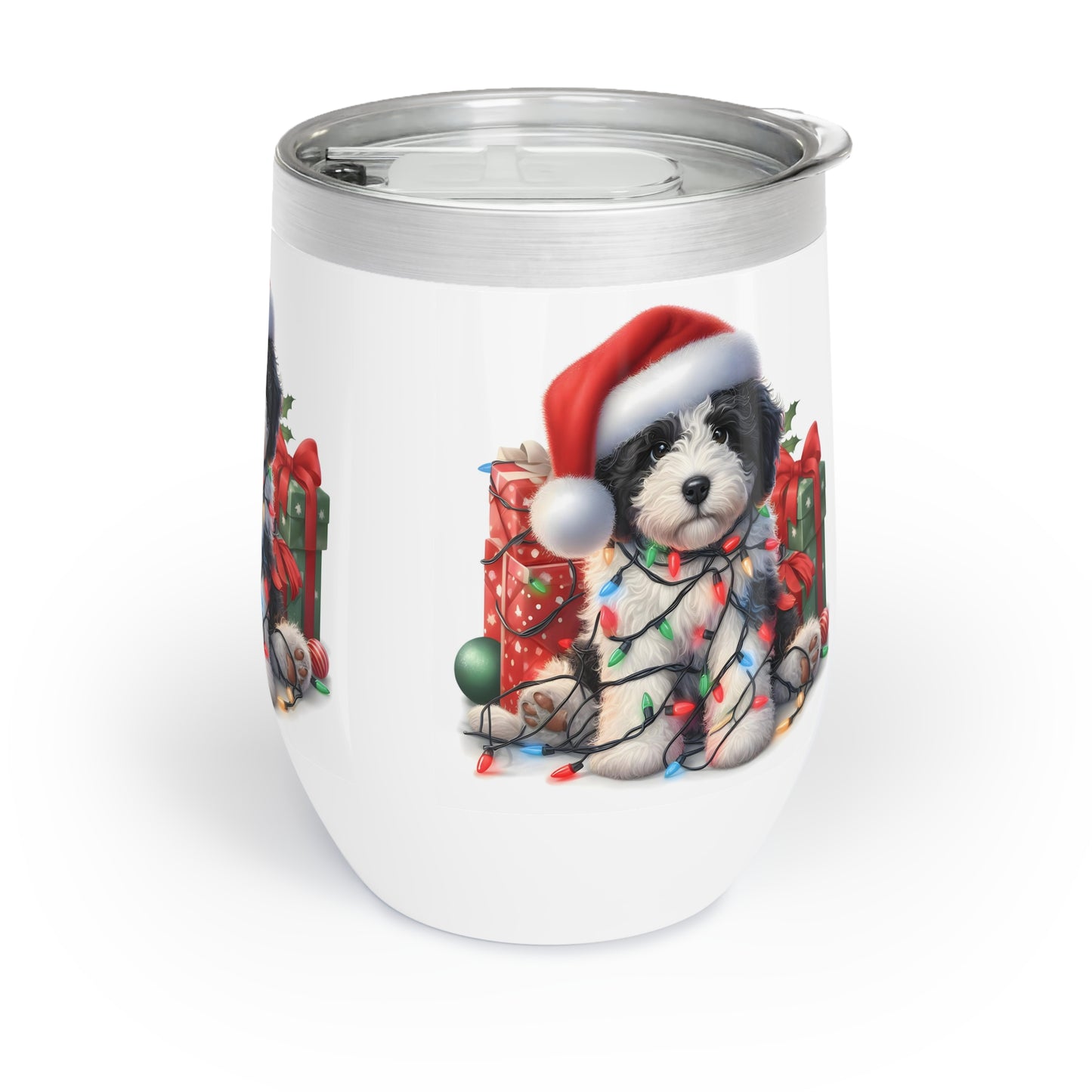 Black & White Doodle Christmas Puppy - Chill Wine Tumbler