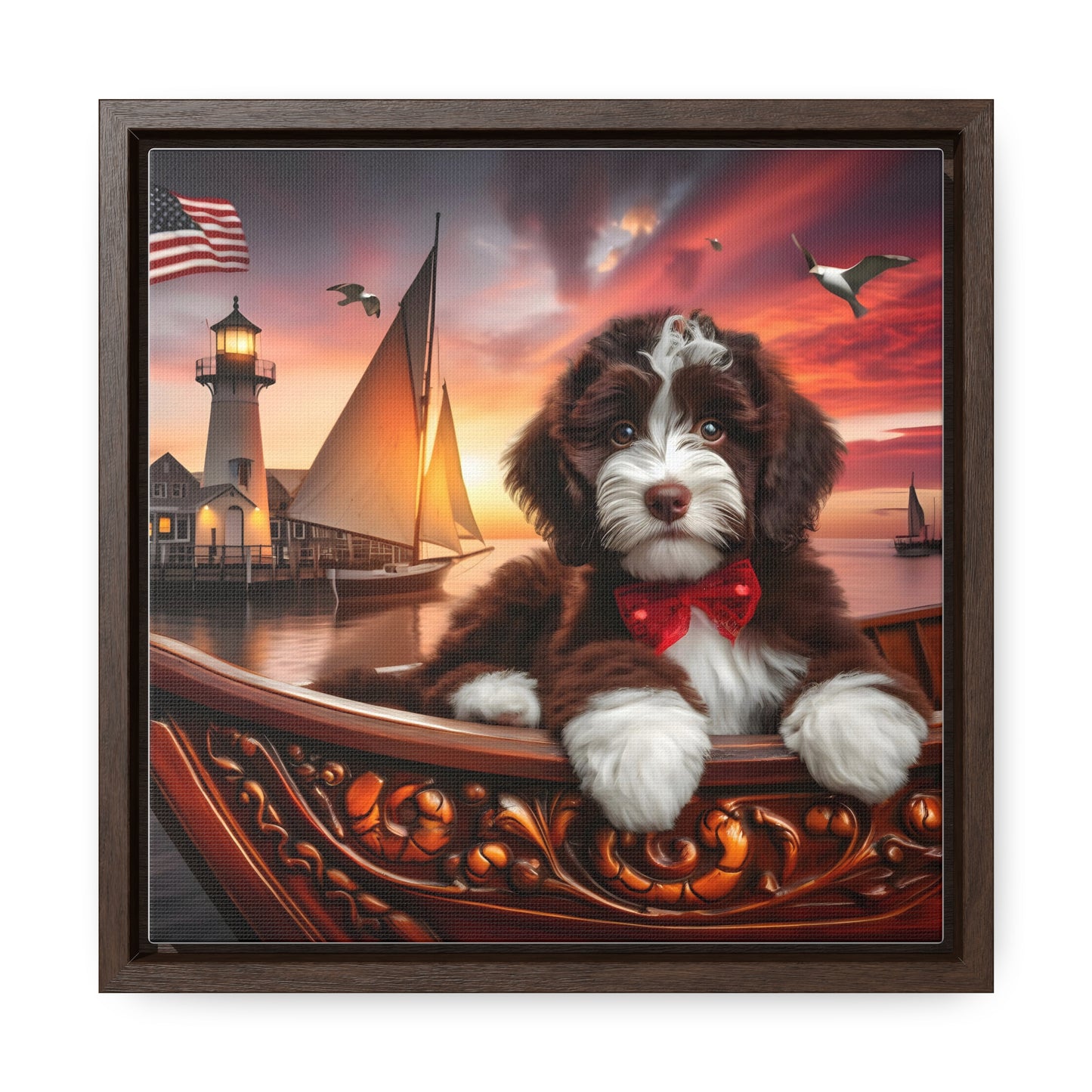 Chocolate Doodle on Sailboat at Sunset - Wooden Gallery Canvas Picture - Square Frame - Nice!