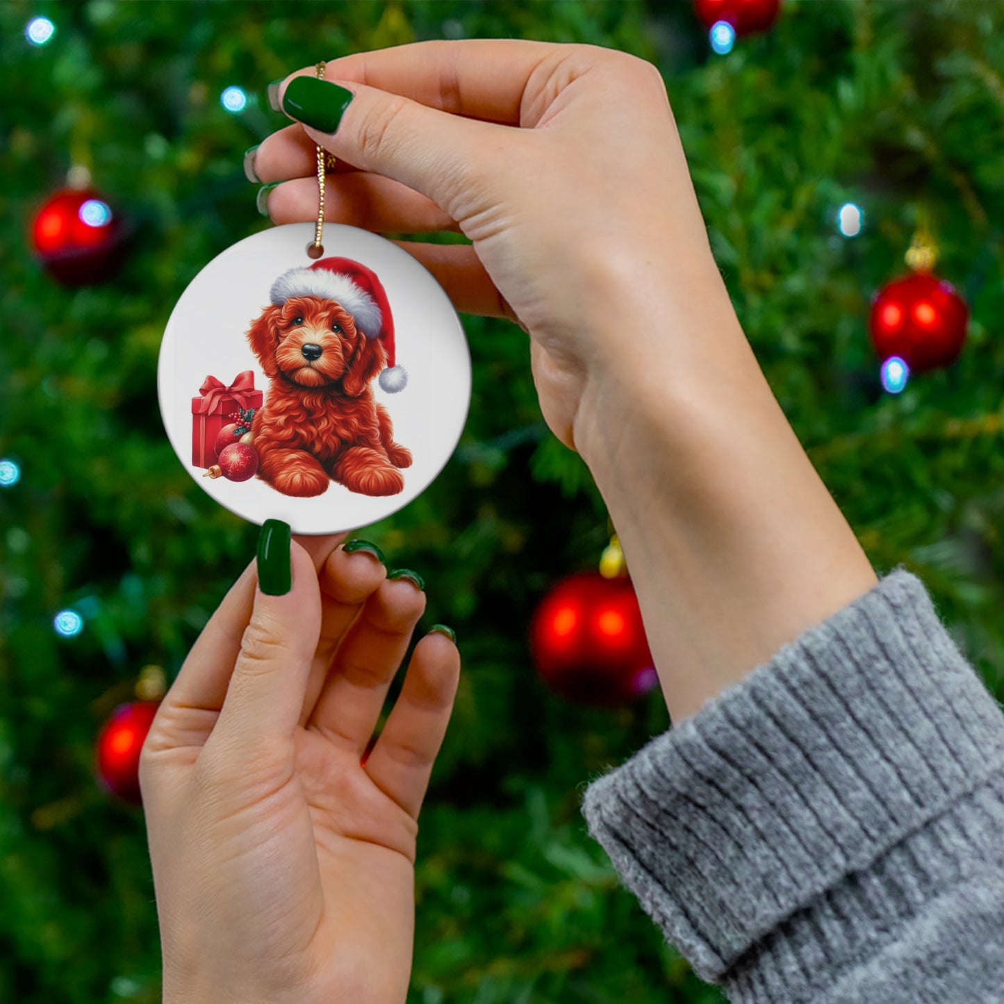 Christmas Red Santa Hat Doodle - Ceramic Ornament