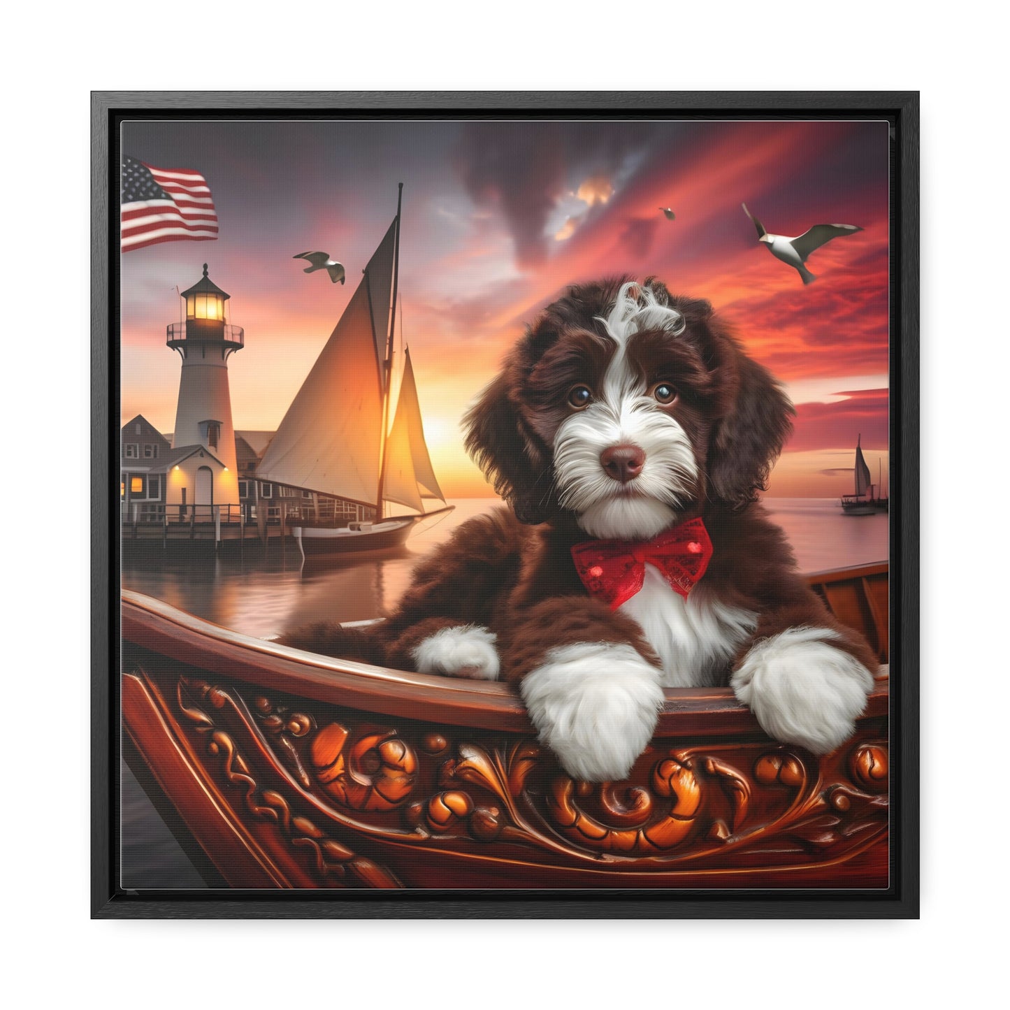 Chocolate Doodle on Sailboat at Sunset - Wooden Gallery Canvas Picture - Square Frame - Nice!