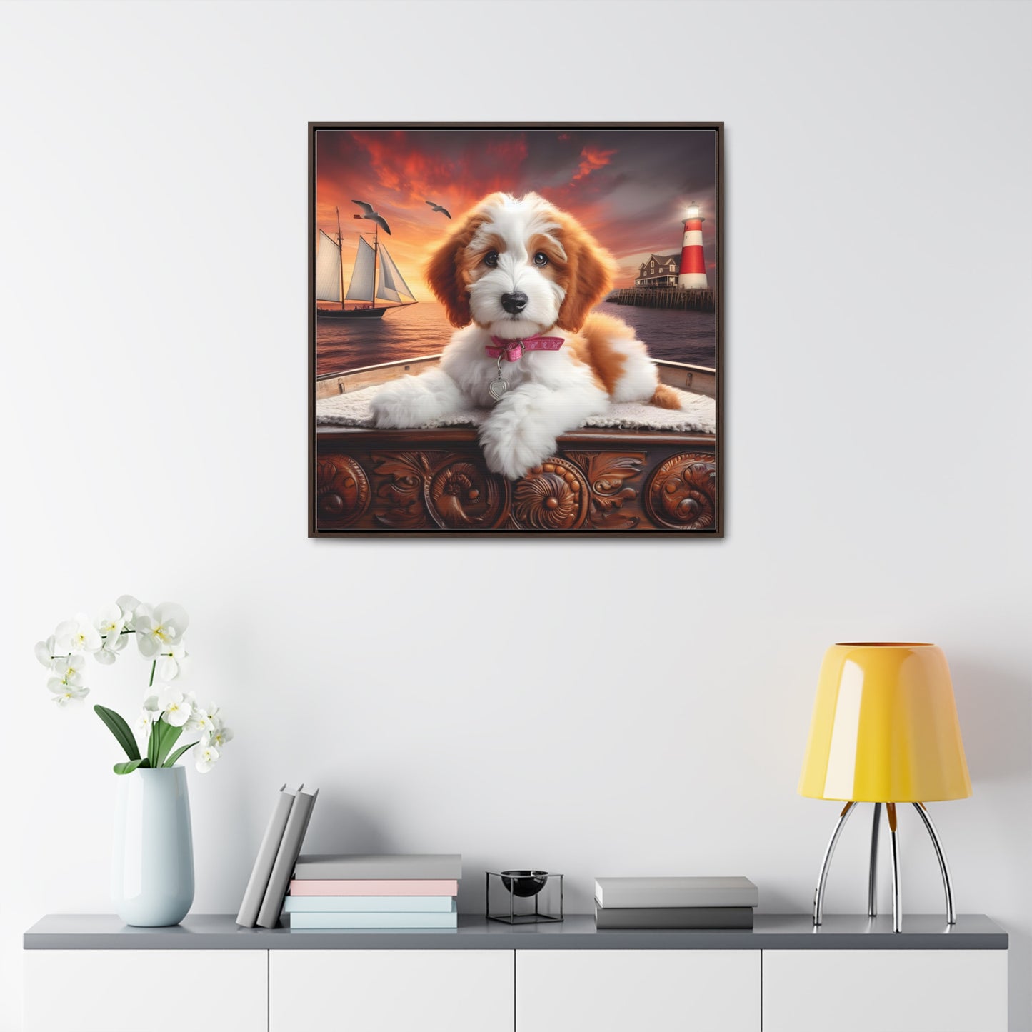 Red and White Doodle on Sailboat at Sunset - Wooden Gallery Canvas Picture - Square Frame - Nice!