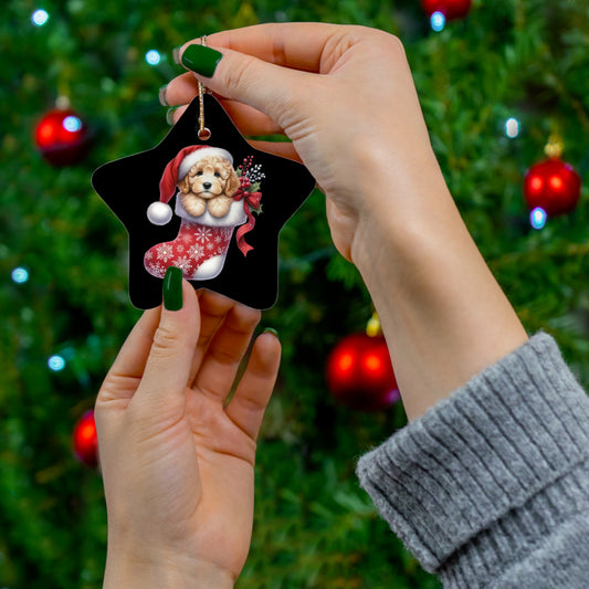 Christmas Doodle Puppy Stocking Ceramic Ornament, 3 Shapes