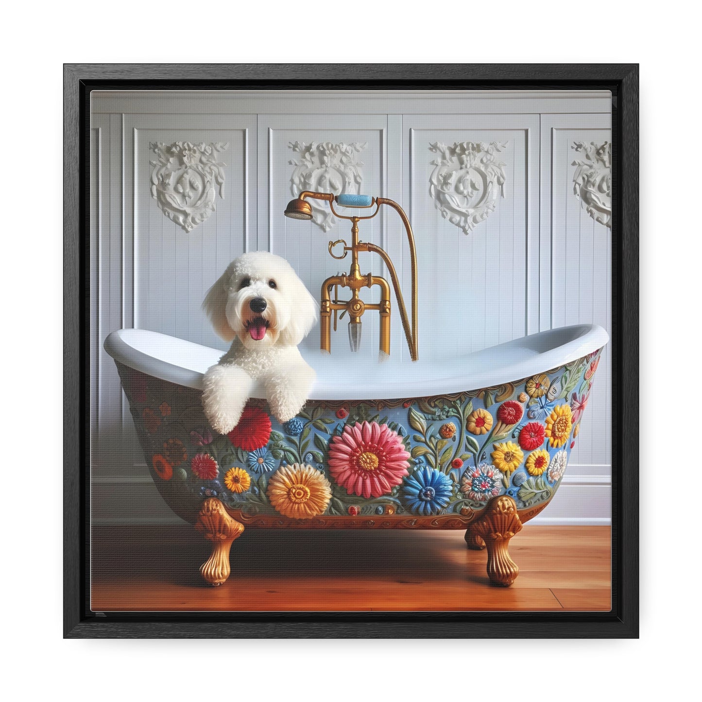 White Doodle Claw foot Tub Gallery Canvas Picture - Wooden Square Frame - Nice!