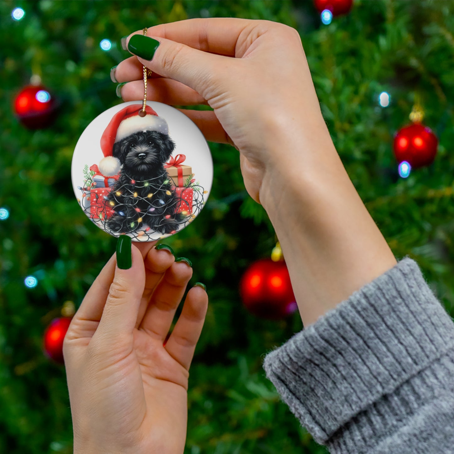 Black Doodle Puppy Ceramic Ornament