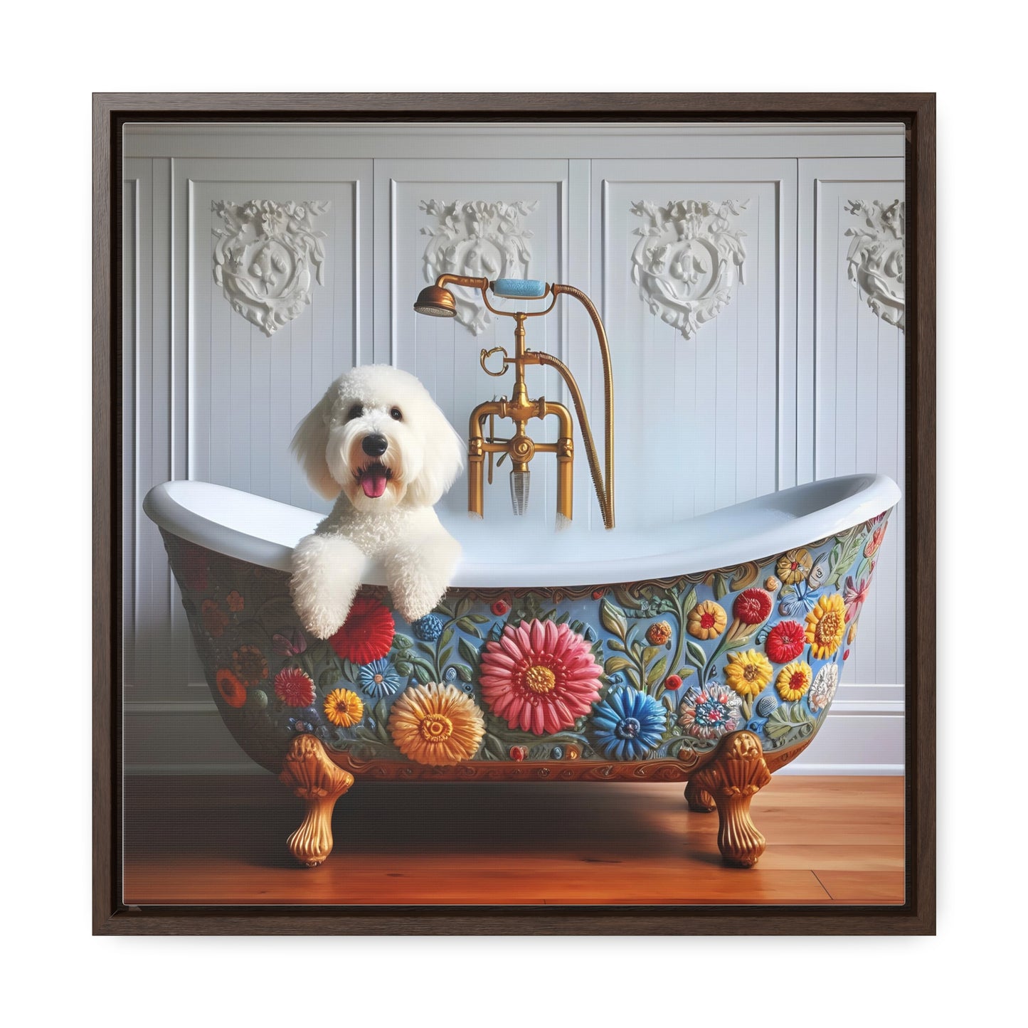 White Doodle Claw foot Tub Gallery Canvas Picture - Wooden Square Frame - Nice!