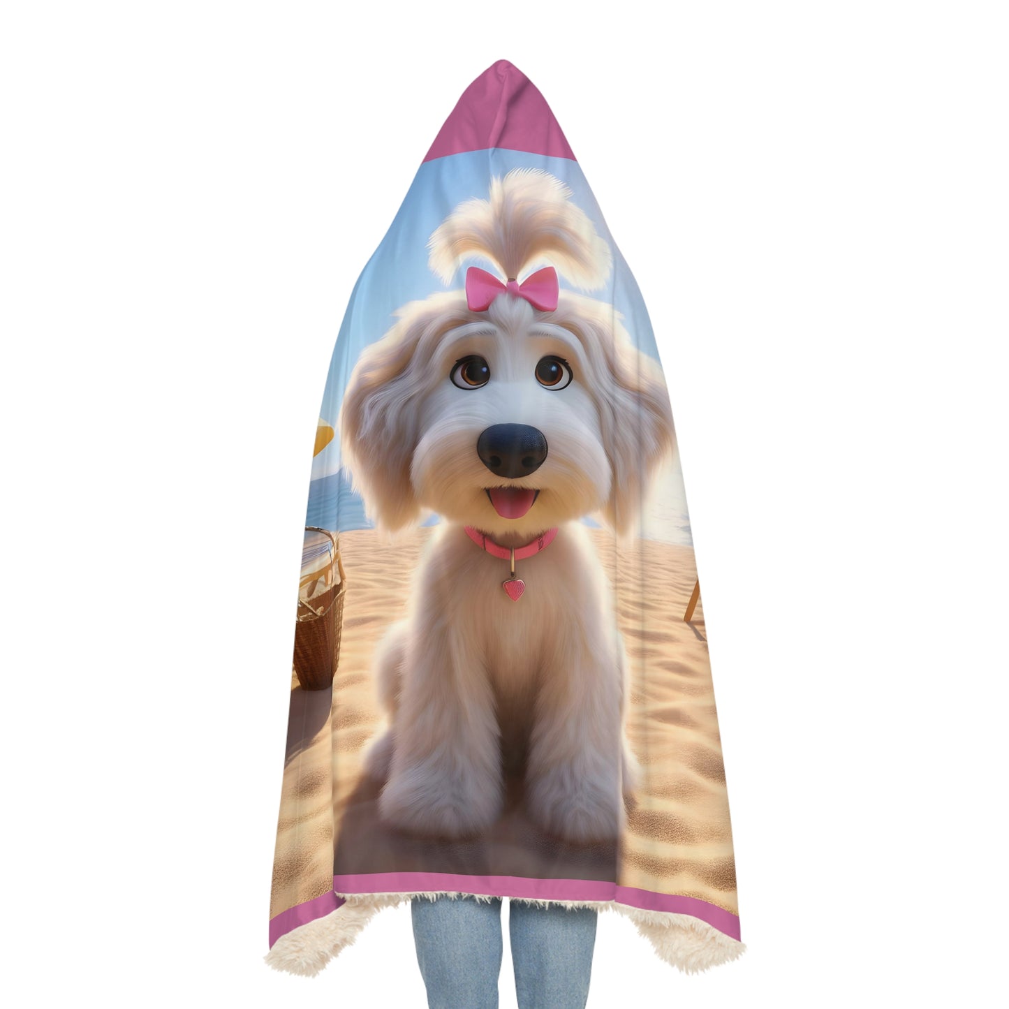 White Doodle Puppy Cartoon Inspired w/Pink Bow Hooded Snuggle Blanket