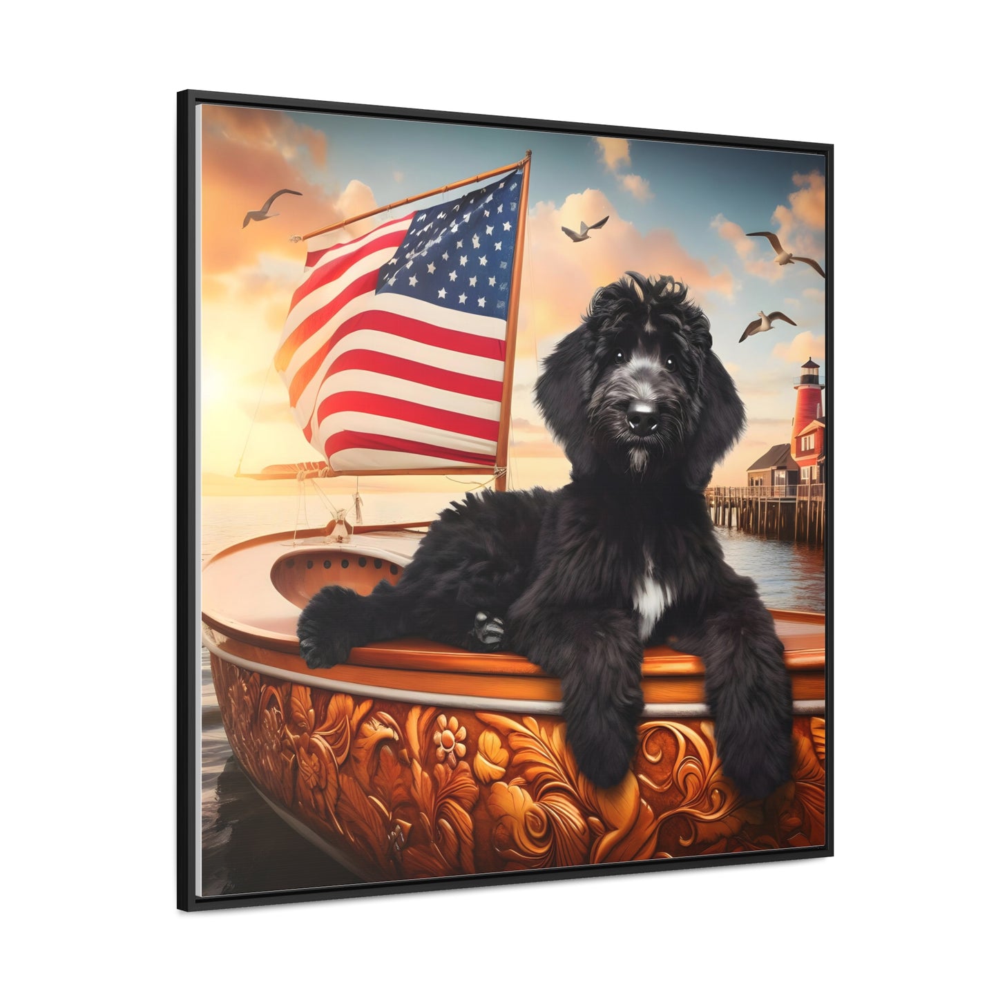 Black Doodle on Sailboat - Wooden Gallery Canvas Picture - Square Frame - Nice!
