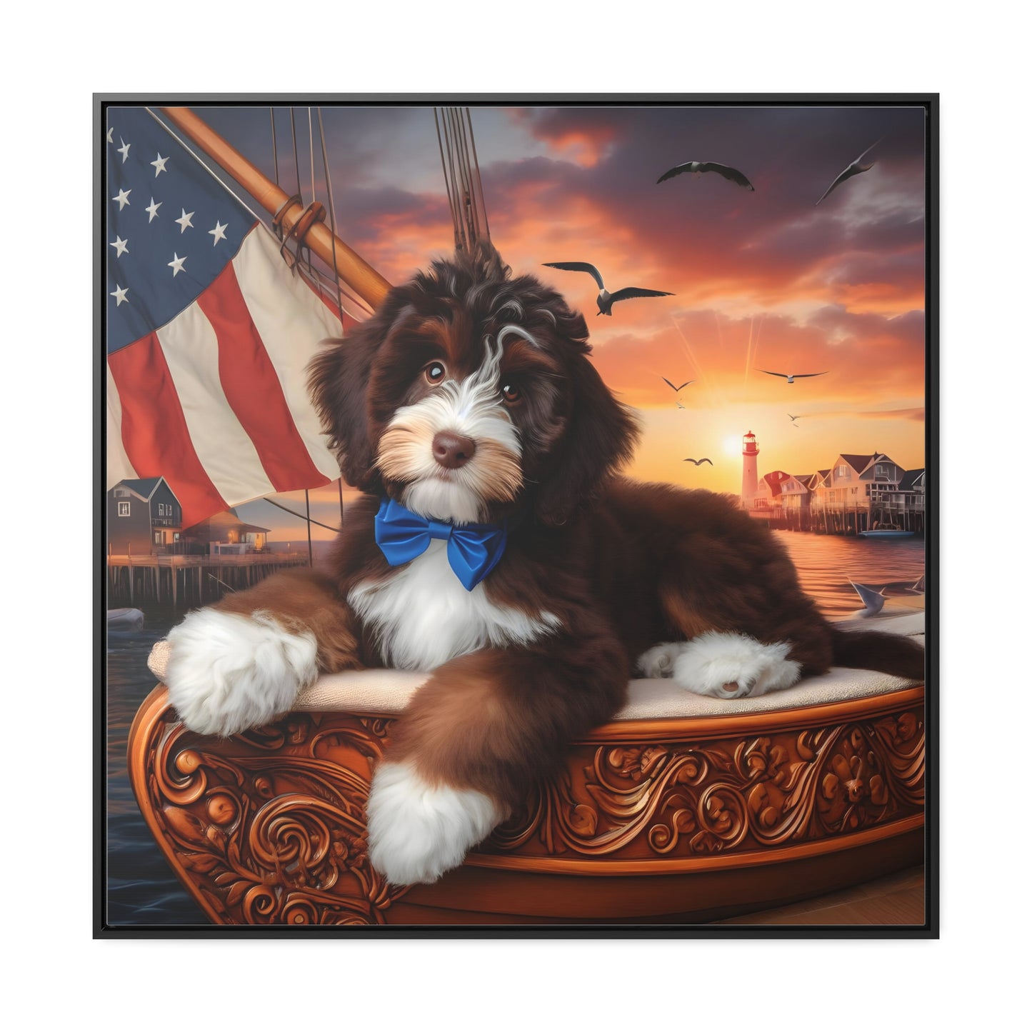 Brown and White Bernedoodle on Sailboat - Wooden Gallery Canvas Picture - Square Frame - Nice!