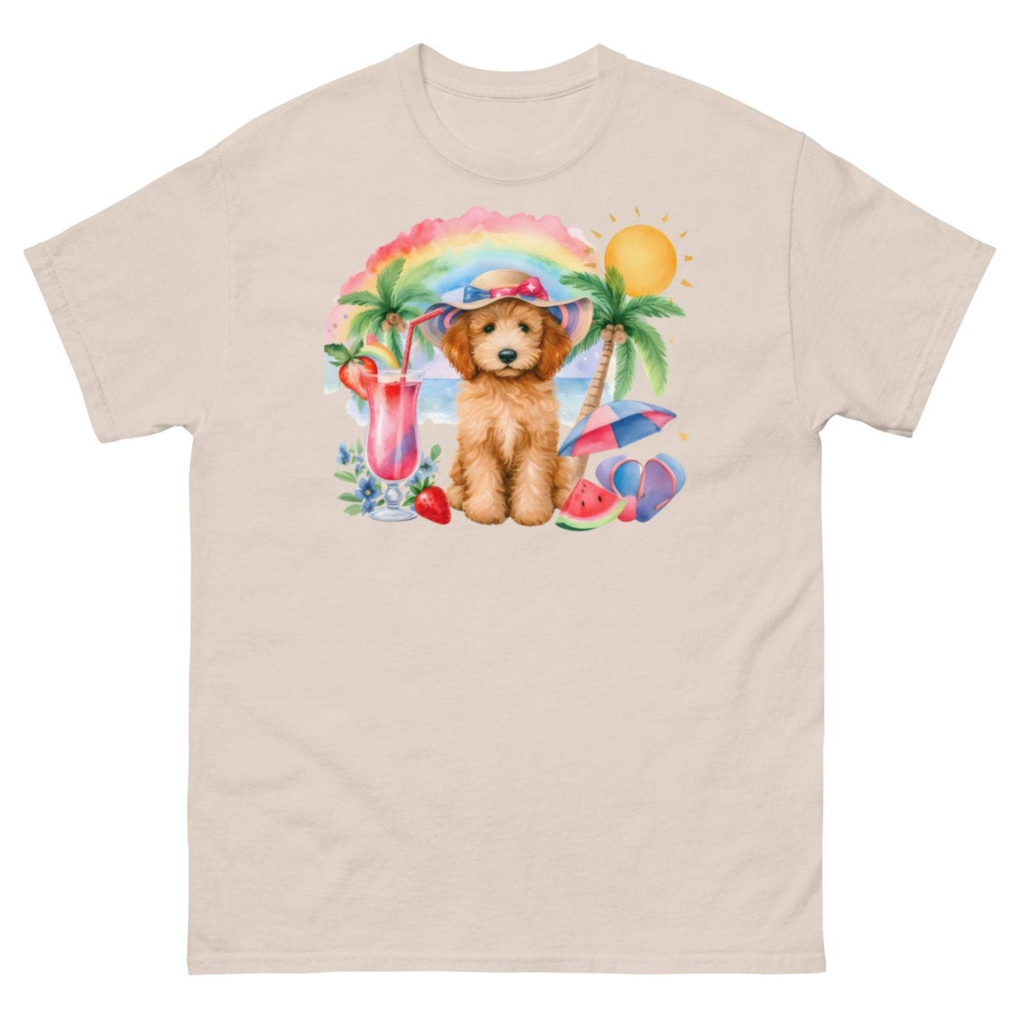 Doodle Puppy on Beach with Drink - Men's Classic Gildan T Shirt