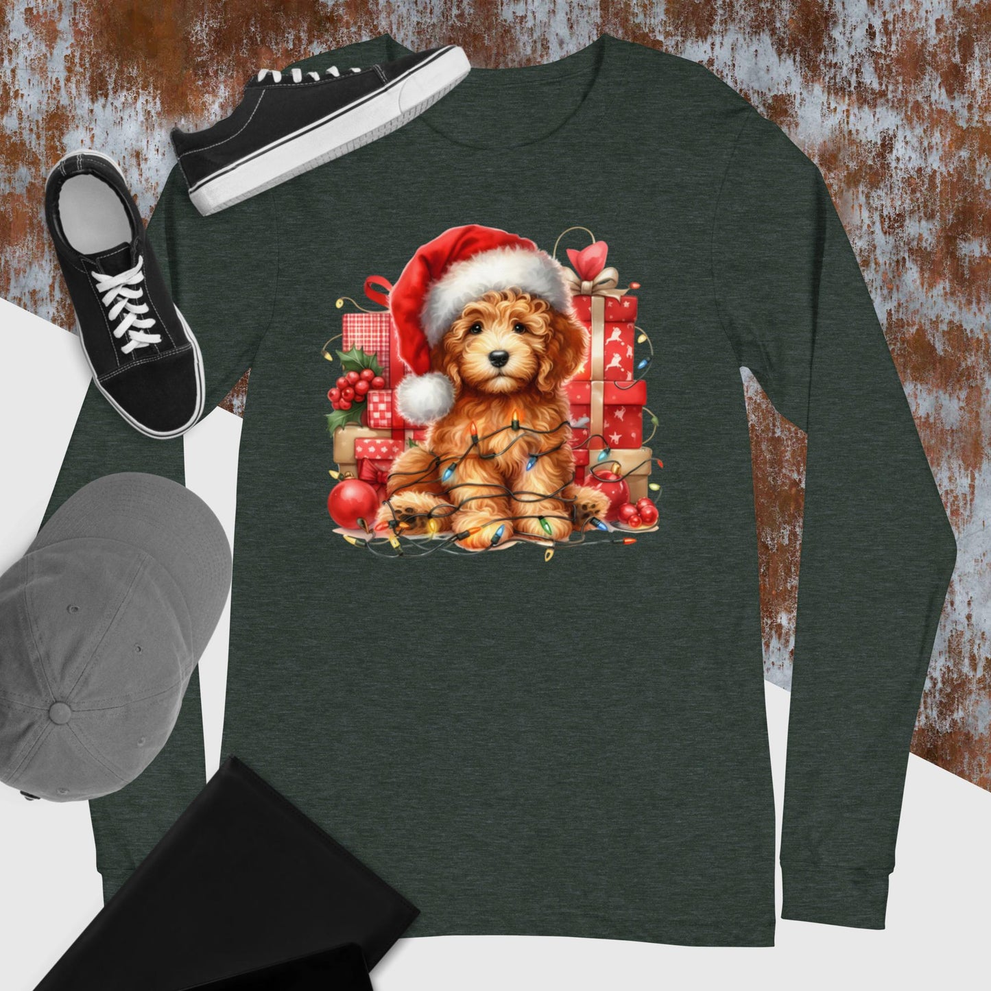 Apricot Christmas Doodle - Adult Unisex Long Sleeve T Shirt Bella + Canvas