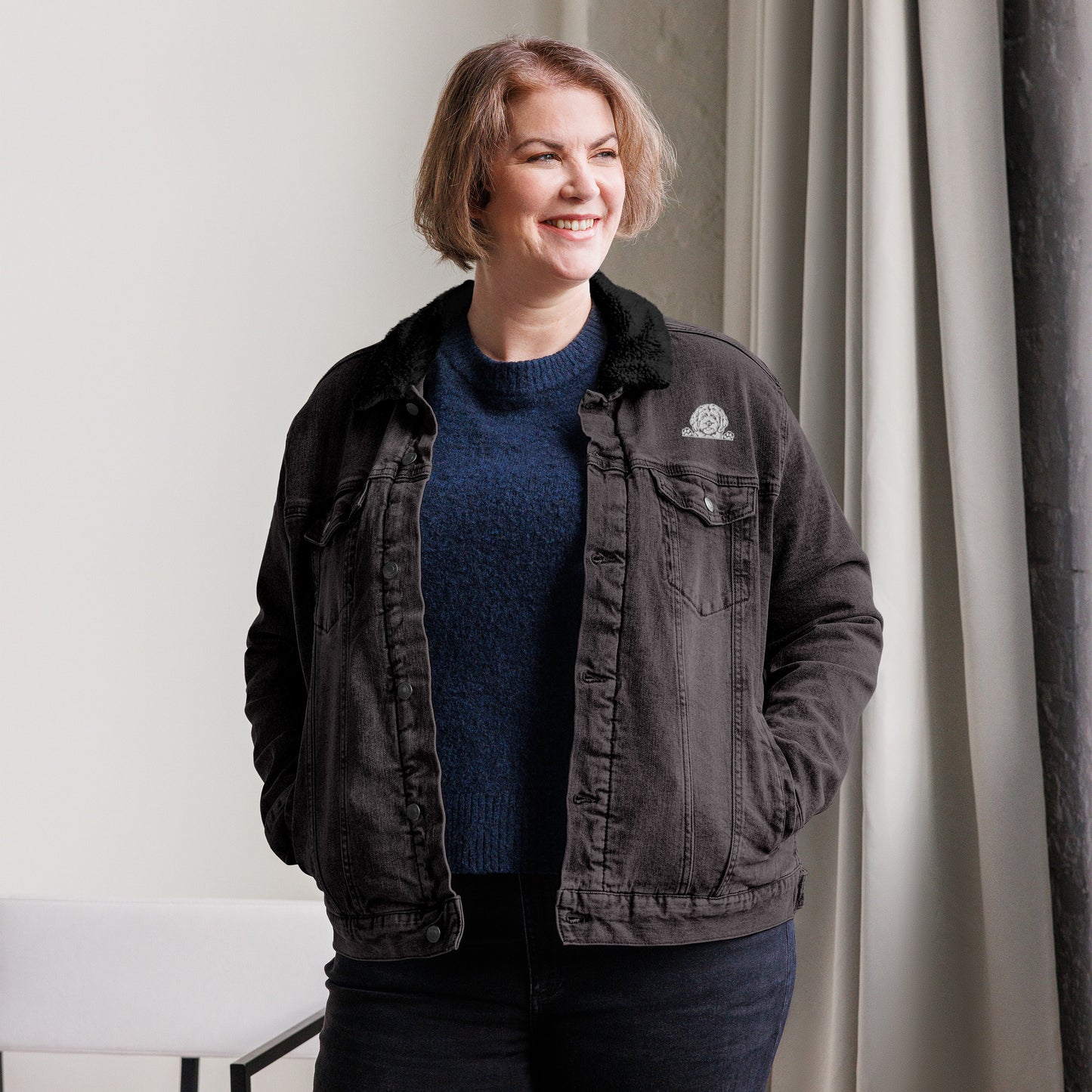 Doodle Embroidered Unisex Denim Sherpa Jacket