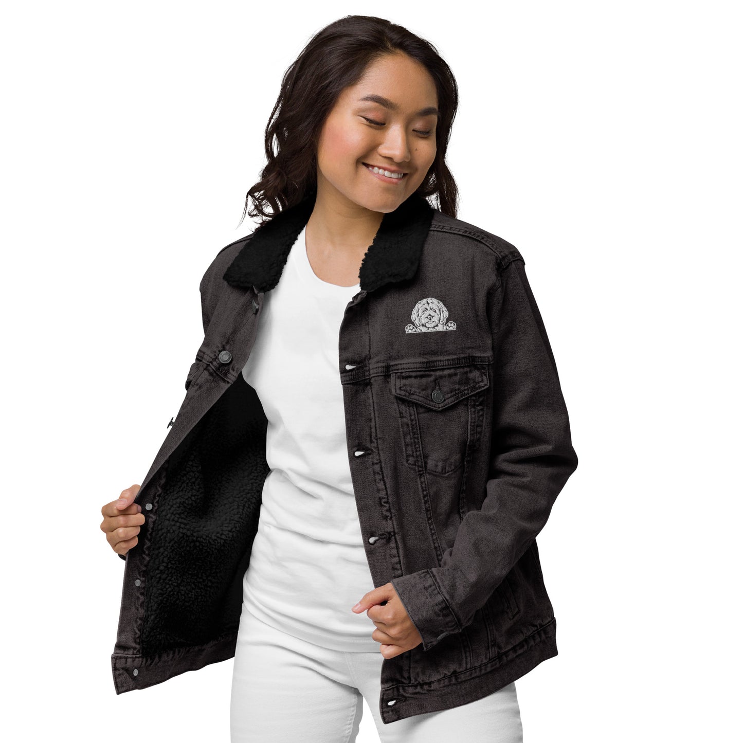 Doodle Embroidered Unisex Denim Sherpa Jacket