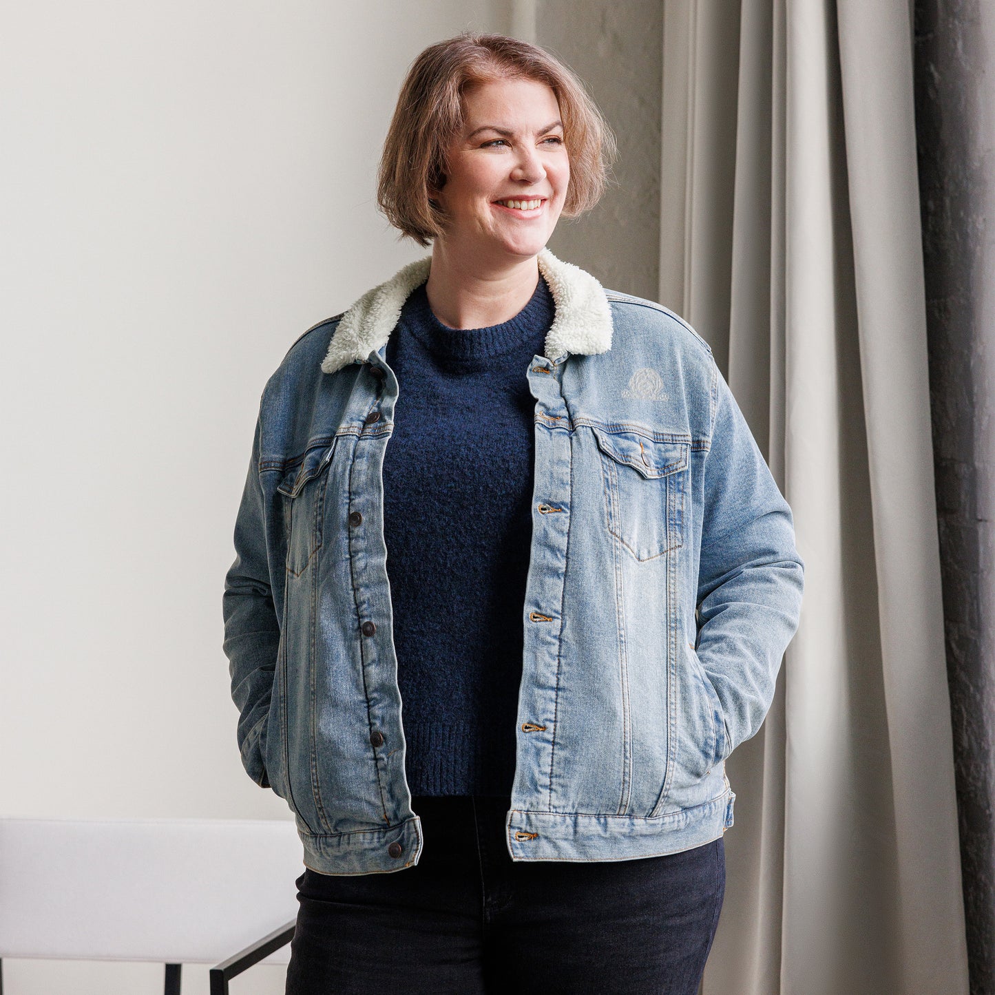 Doodle Embroidered Unisex Denim Sherpa Jacket