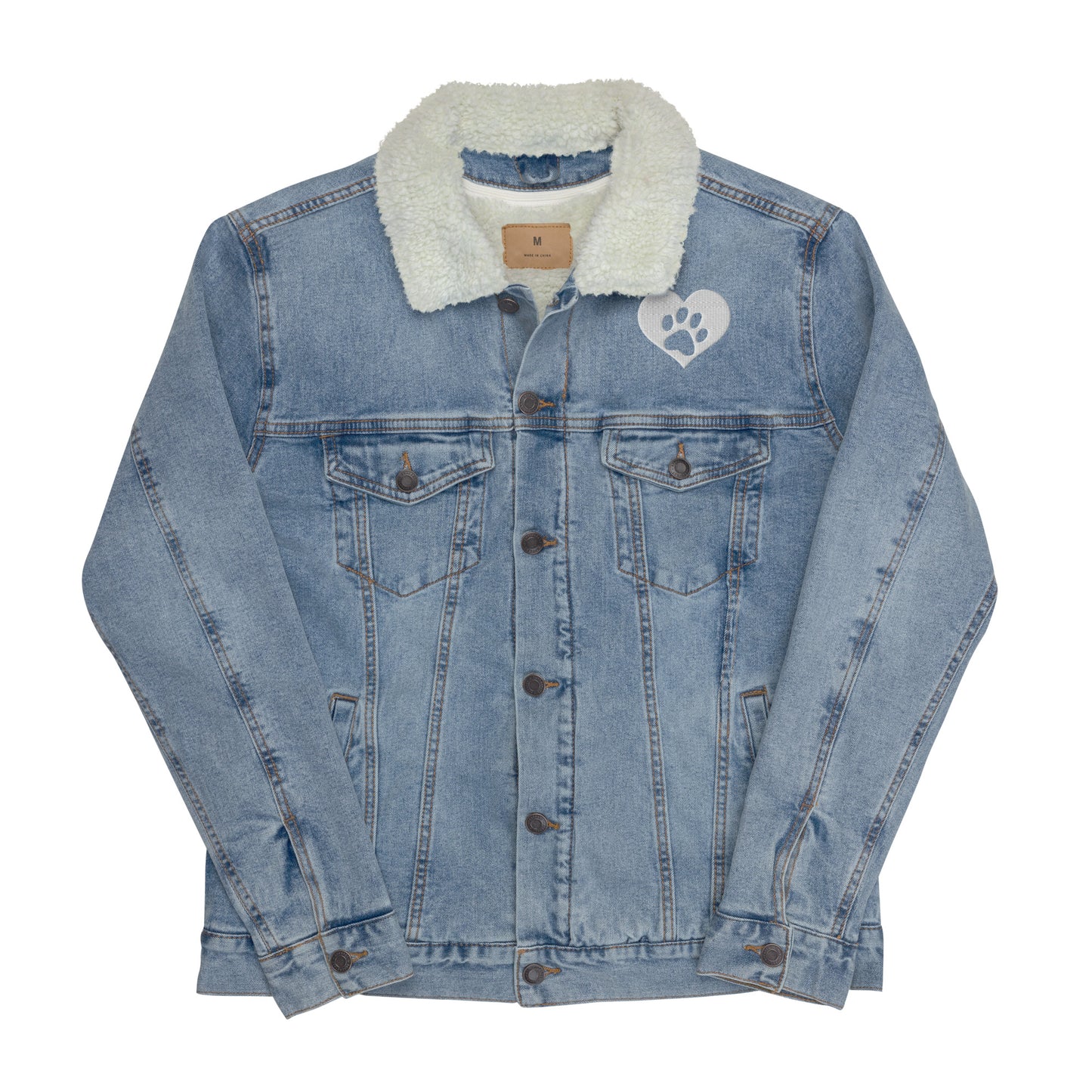 Paw Print Heart Embroidered Unisex Denim Sherpa Jacket