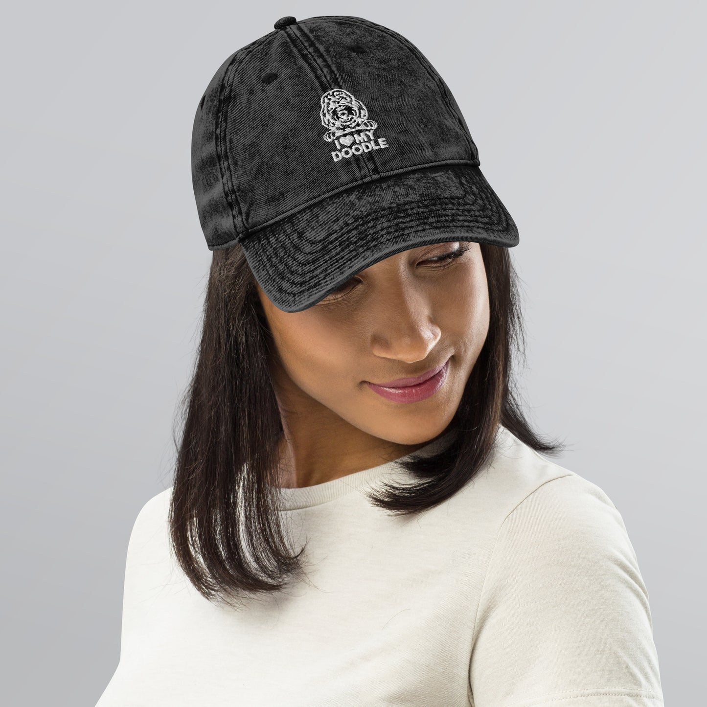 I Love My Doodle - Paw Print on Back - Embroidered Vintage Cotton Twill Cap
