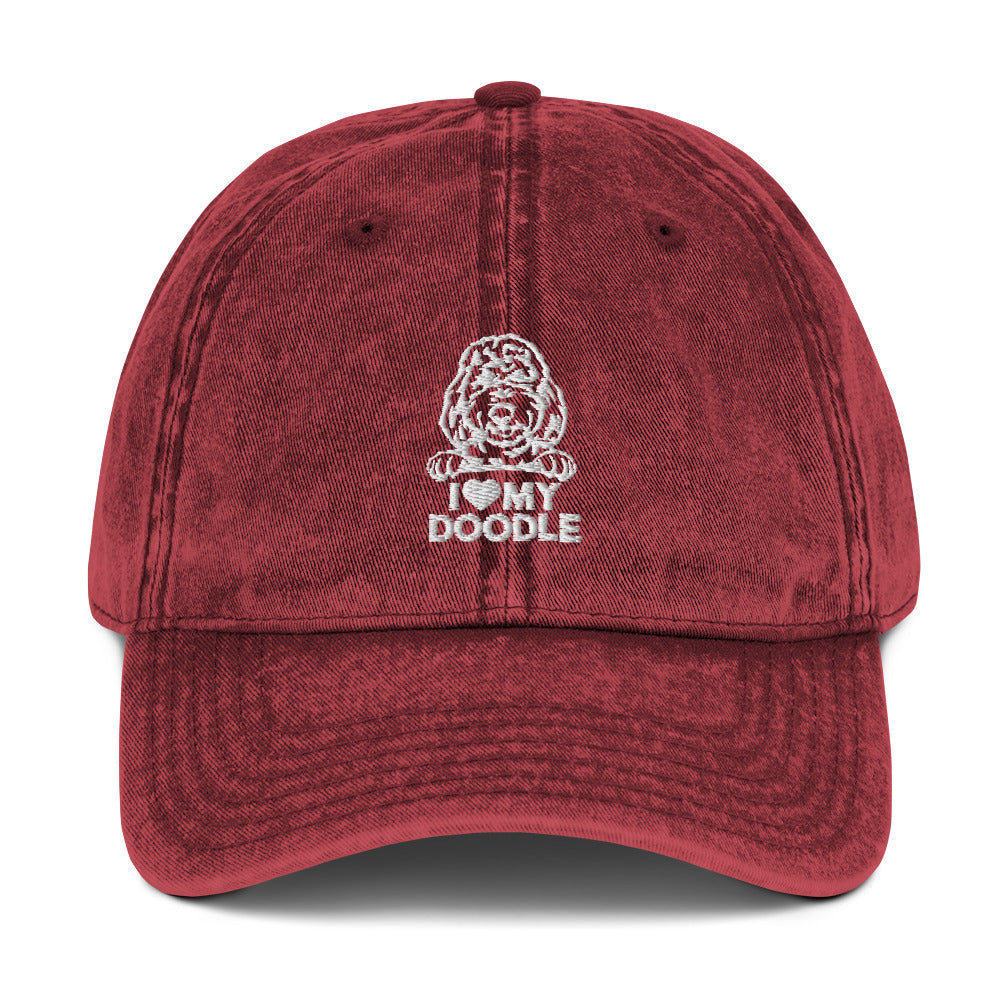 I Love My Doodle - Paw Print on Back - Embroidered Vintage Cotton Twill Cap