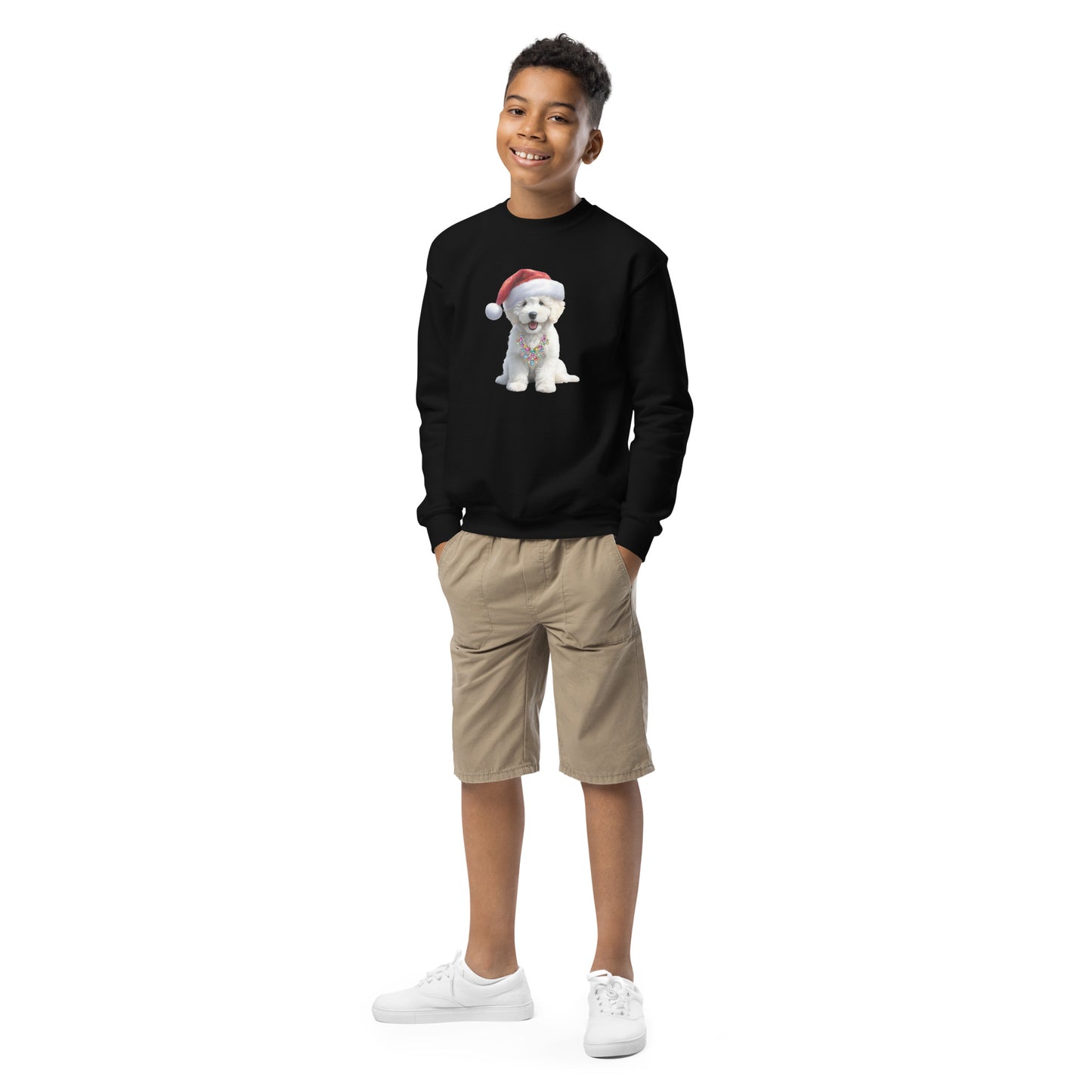 White Santa Doodle Puppy Youth Crewneck Sweatshirt