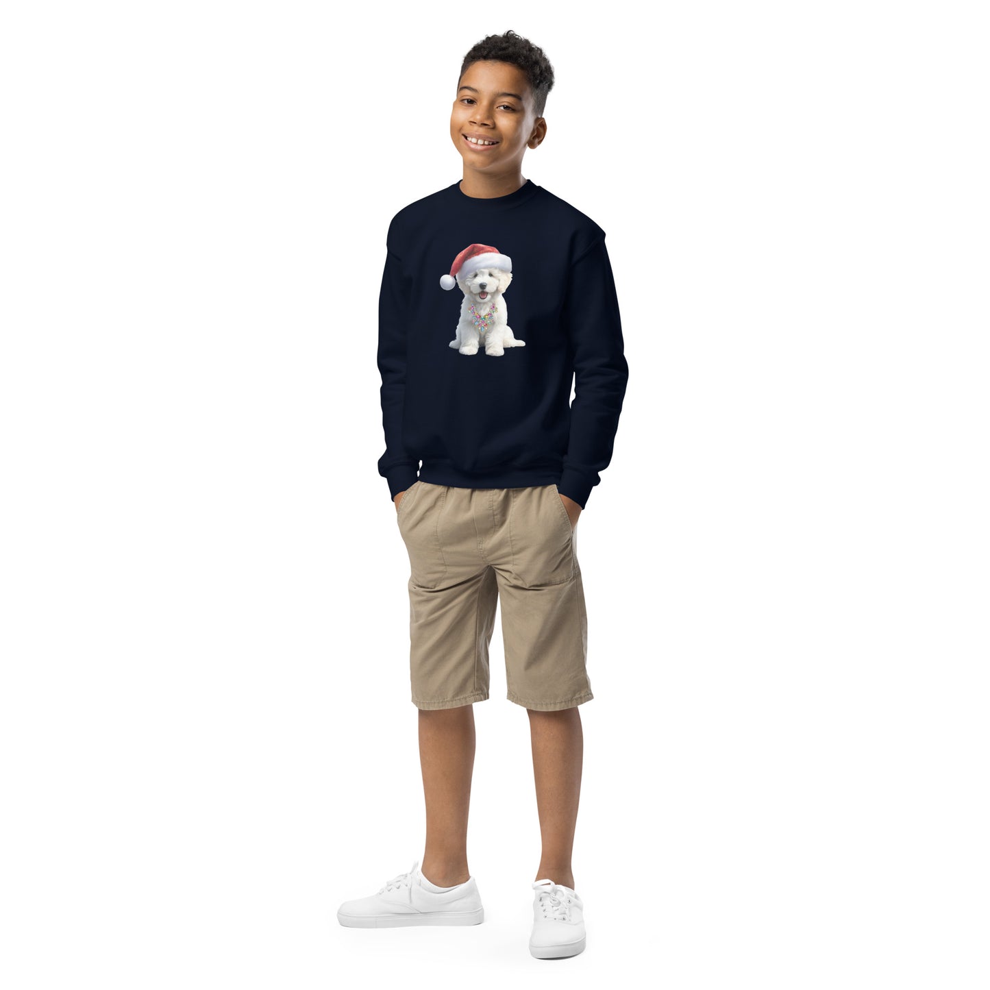 White Santa Doodle Puppy Youth Crewneck Sweatshirt