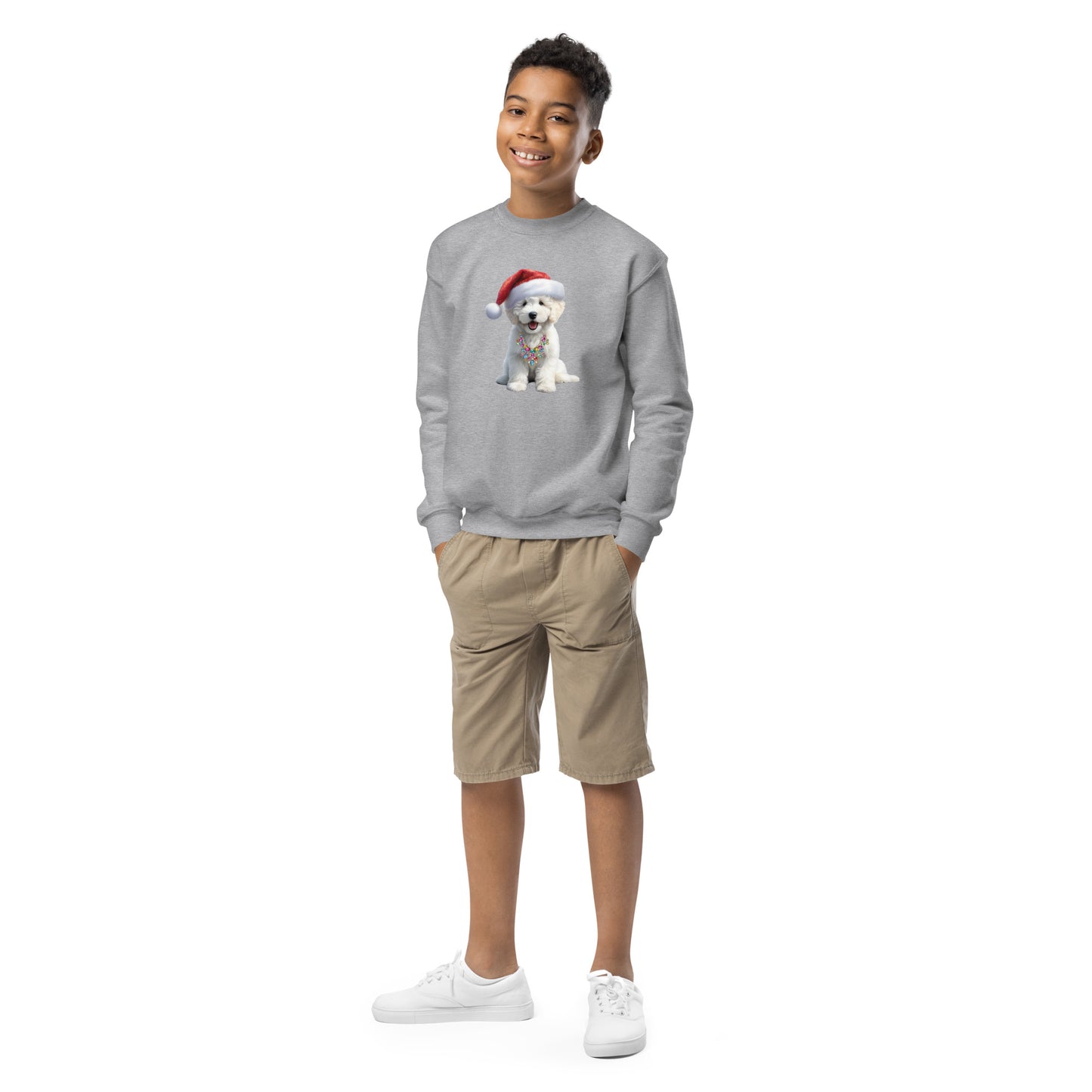 White Santa Doodle Puppy Youth Crewneck Sweatshirt