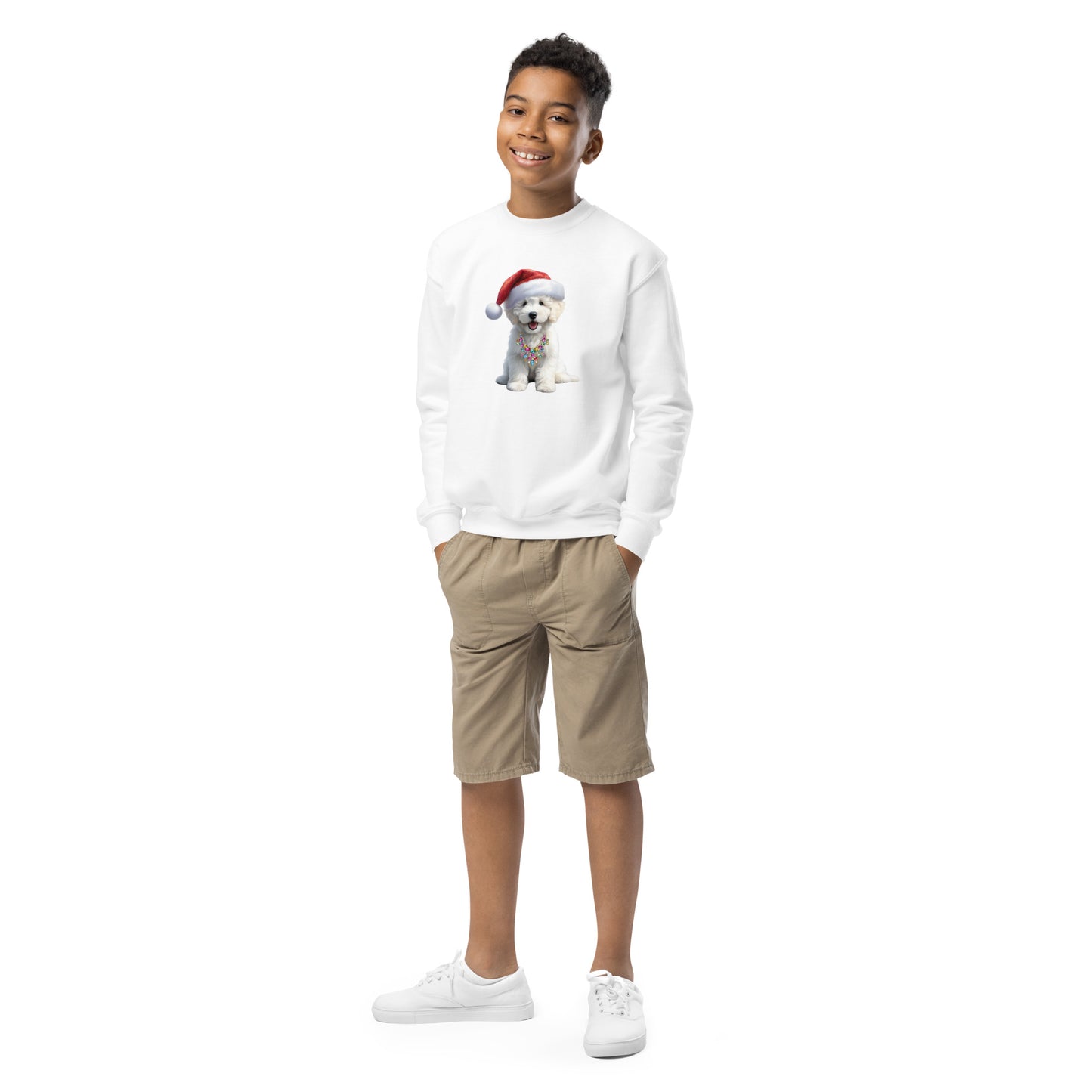 White Santa Doodle Puppy Youth Crewneck Sweatshirt