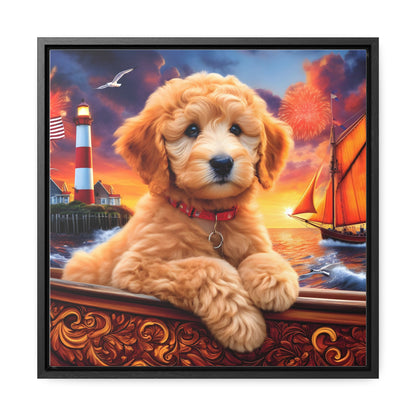 Apricot Doodle on Sailboat - Wooden Gallery Canvas Picture - Square Frame - Nice!