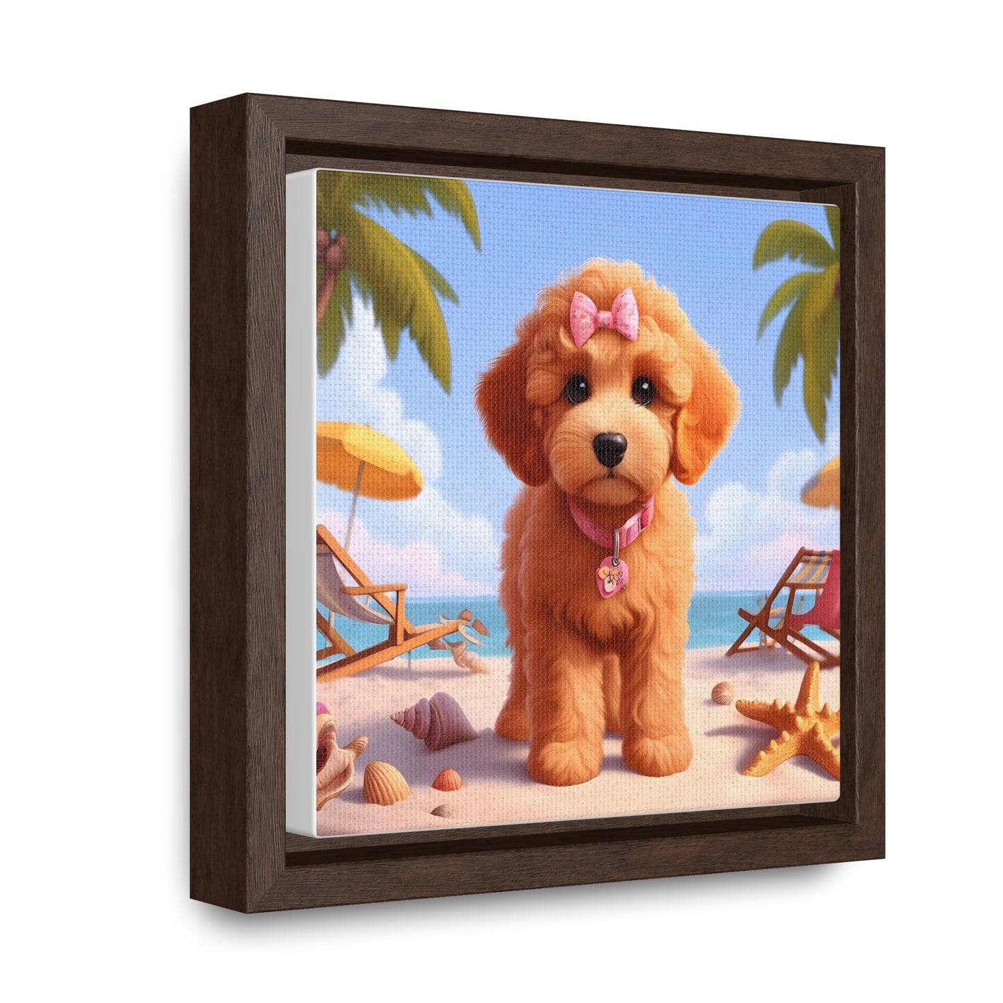 Doodle Puppy on Beach Pink Collar and Bow - Wooden Gallery Canvas Picture - Square Frame - Nice!