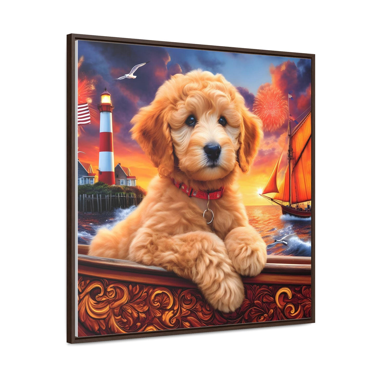 Apricot Doodle on Sailboat - Wooden Gallery Canvas Picture - Square Frame - Nice!