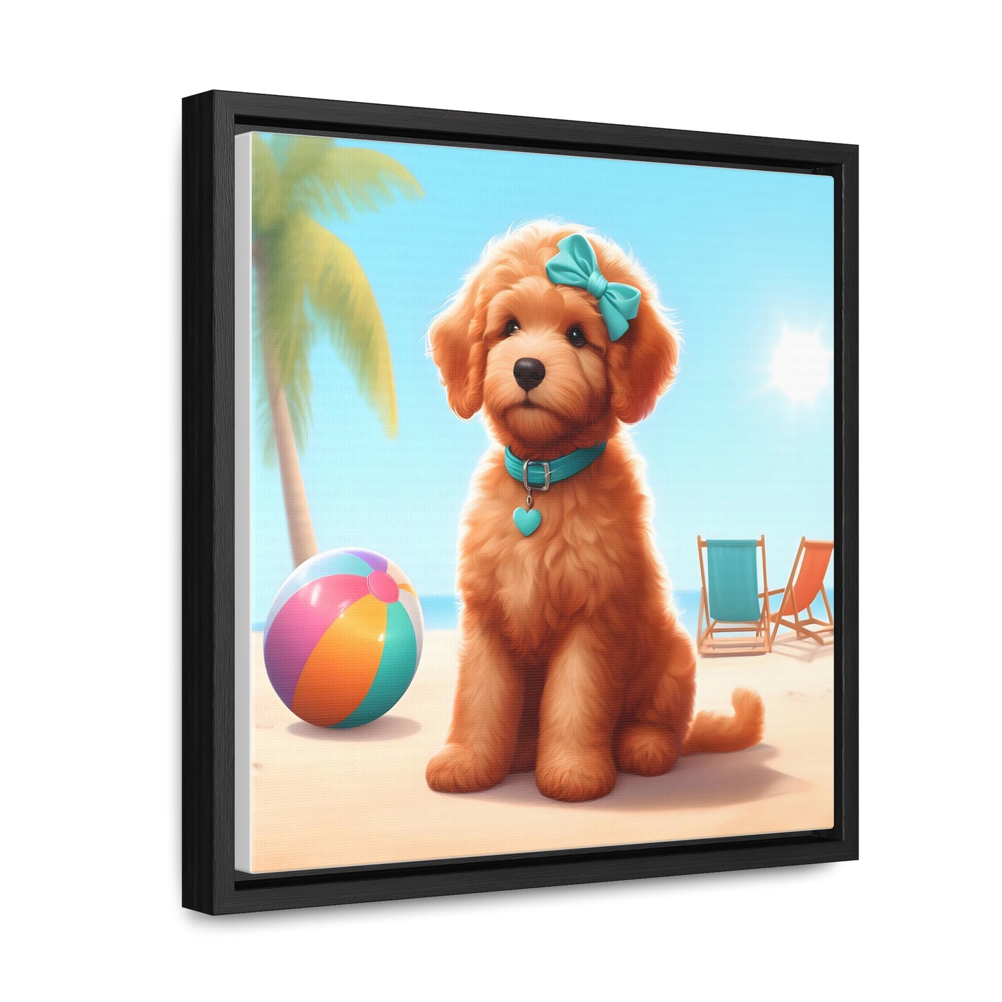 Doodle Puppy on Beach - Wooden Gallery Canvas Picture, Square Frame! Nice!