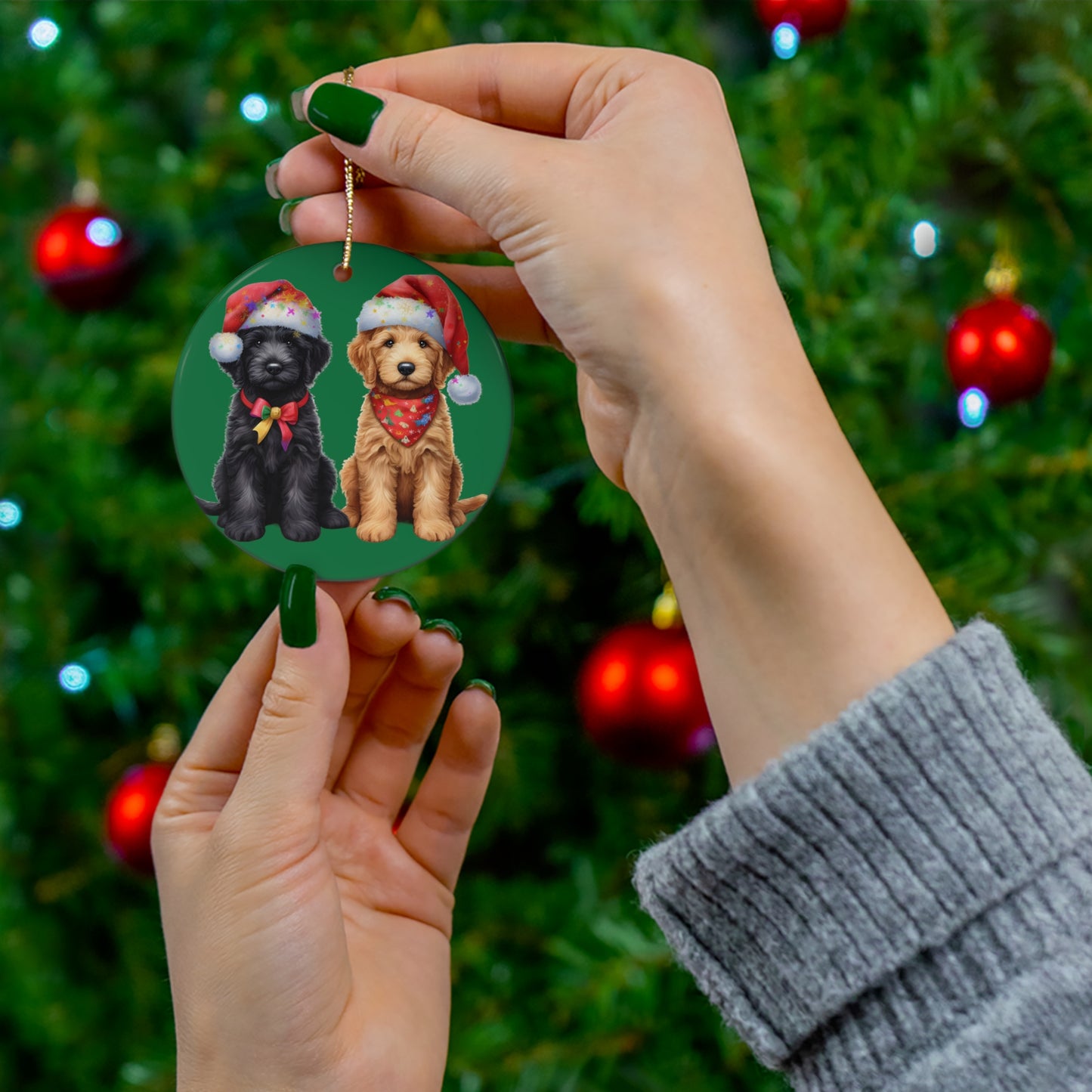 Christmas Doodle Puppies Ceramic Ornament, 2 Shapes