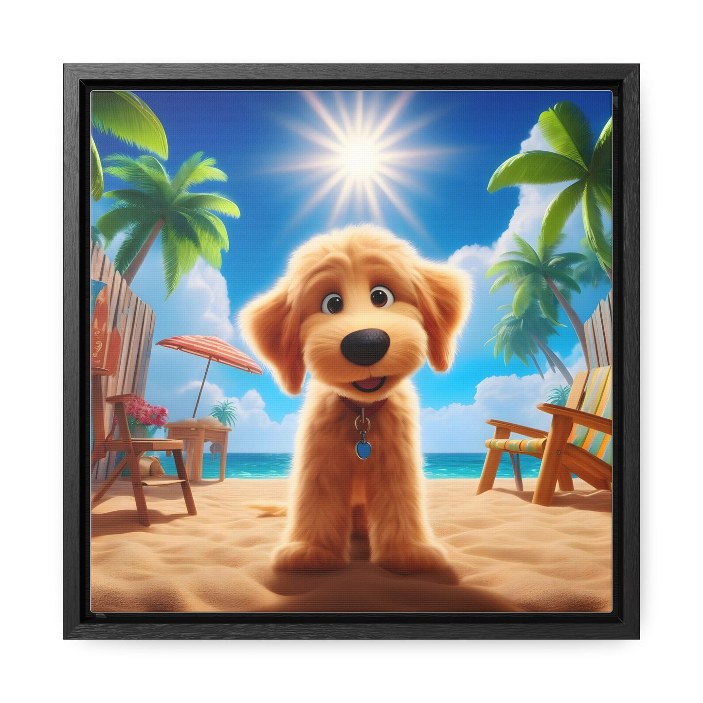 Doodle on Beach Cartoon Inspired - Wooden Gallery Canvas Picture - Square Frame - Nice!