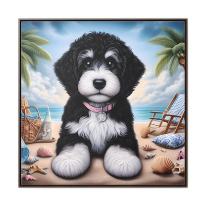 Black & White Doodle Puppy on Beach - Wooden Gallery Canvas Picture - Square Frame - Nice!