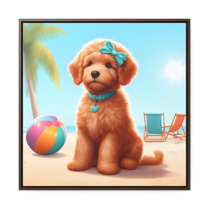 Doodle Puppy on Beach - Wooden Gallery Canvas Picture, Square Frame! Nice!