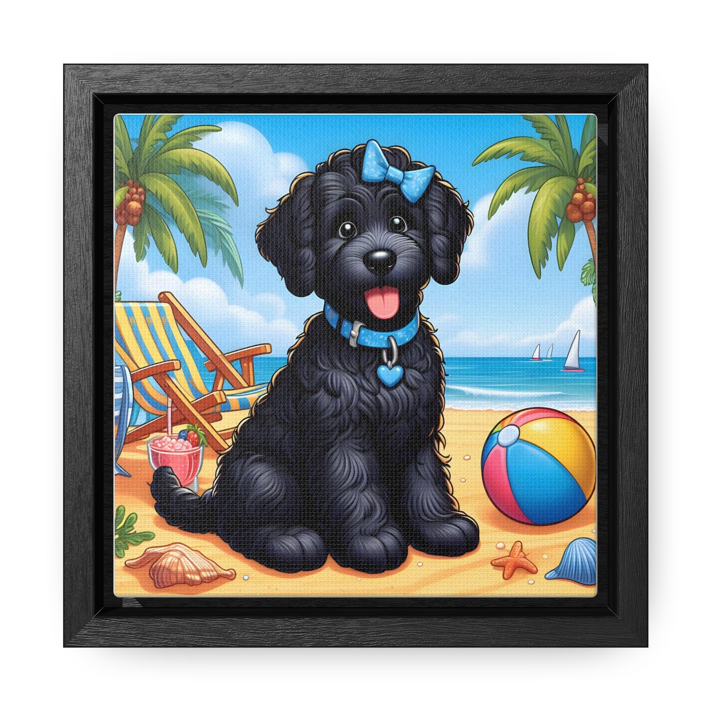 Black Doodle Puppy Cartoon Inspired - Wooden Gallery Canvas Picture - Square Frame - Nice!