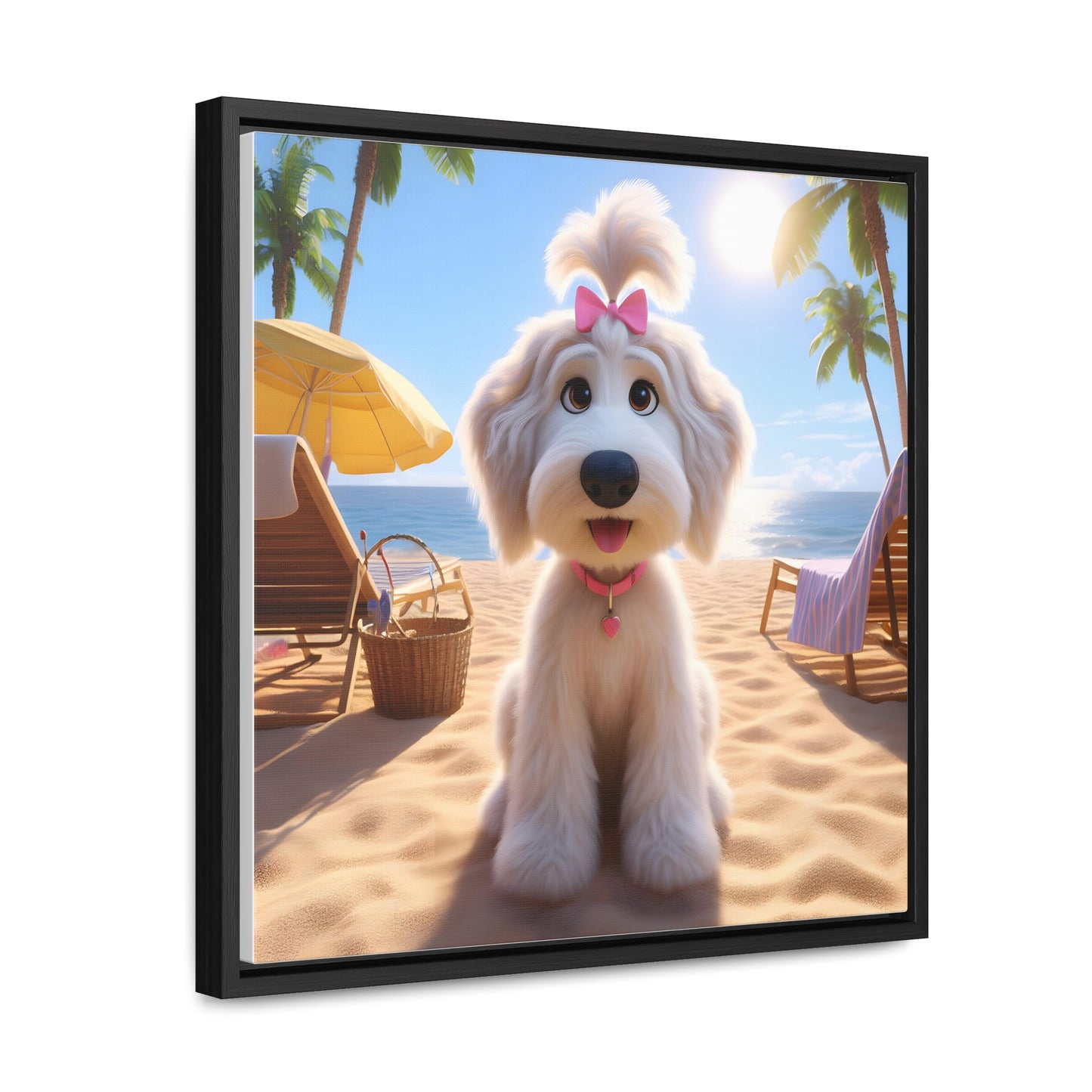 White Doodle Puppy Cartoon Inspired w/Pink Bow - Wooden Gallery Canvas - Square Frame - Nice!