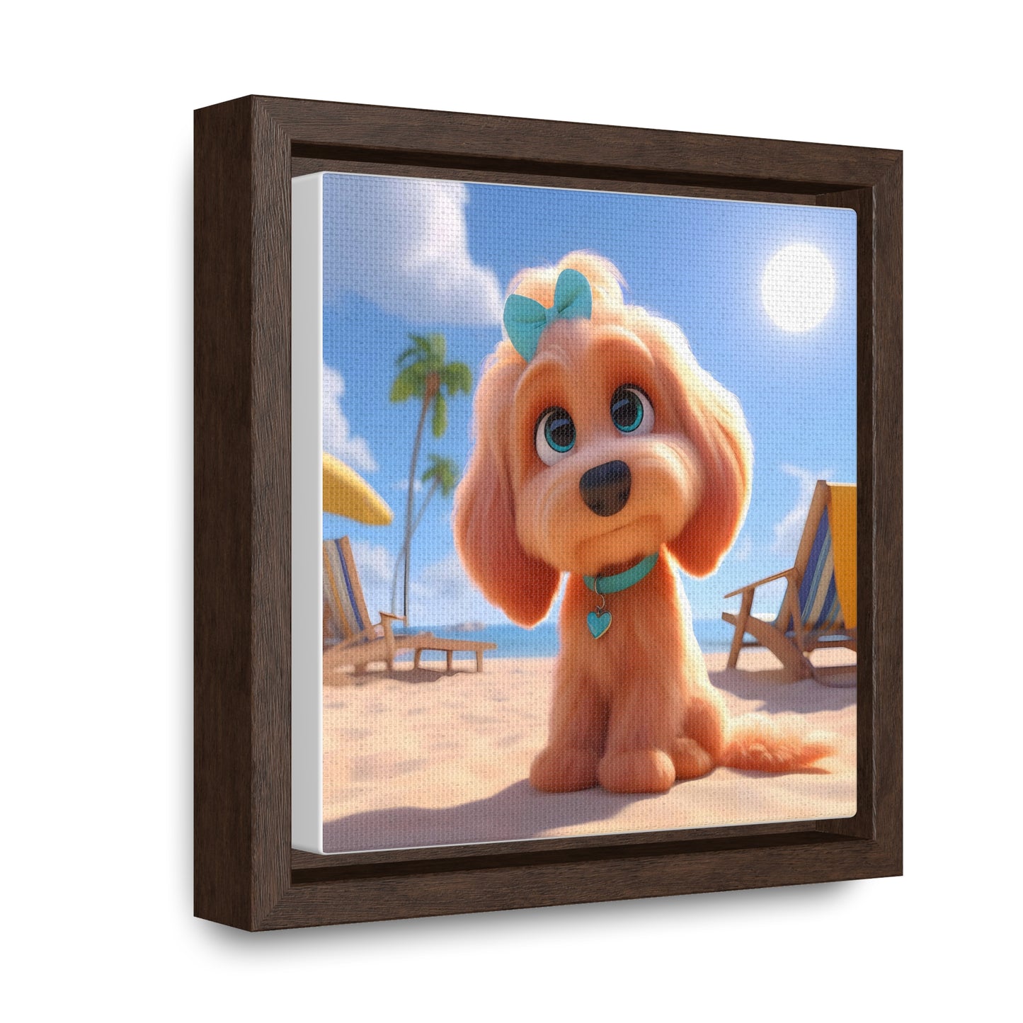 Doodle Cartoon Inspired Puppy w/Blue Collar & Bow - Wooden Gallery Canvas Picture - Square Frame - Nice!