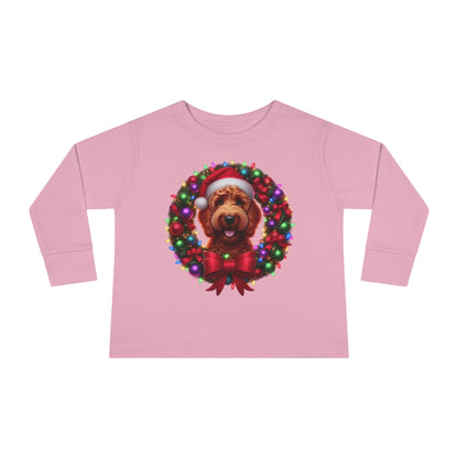 Red Doodle Christmas Wreath - Toddler Long Sleeve T Shirt