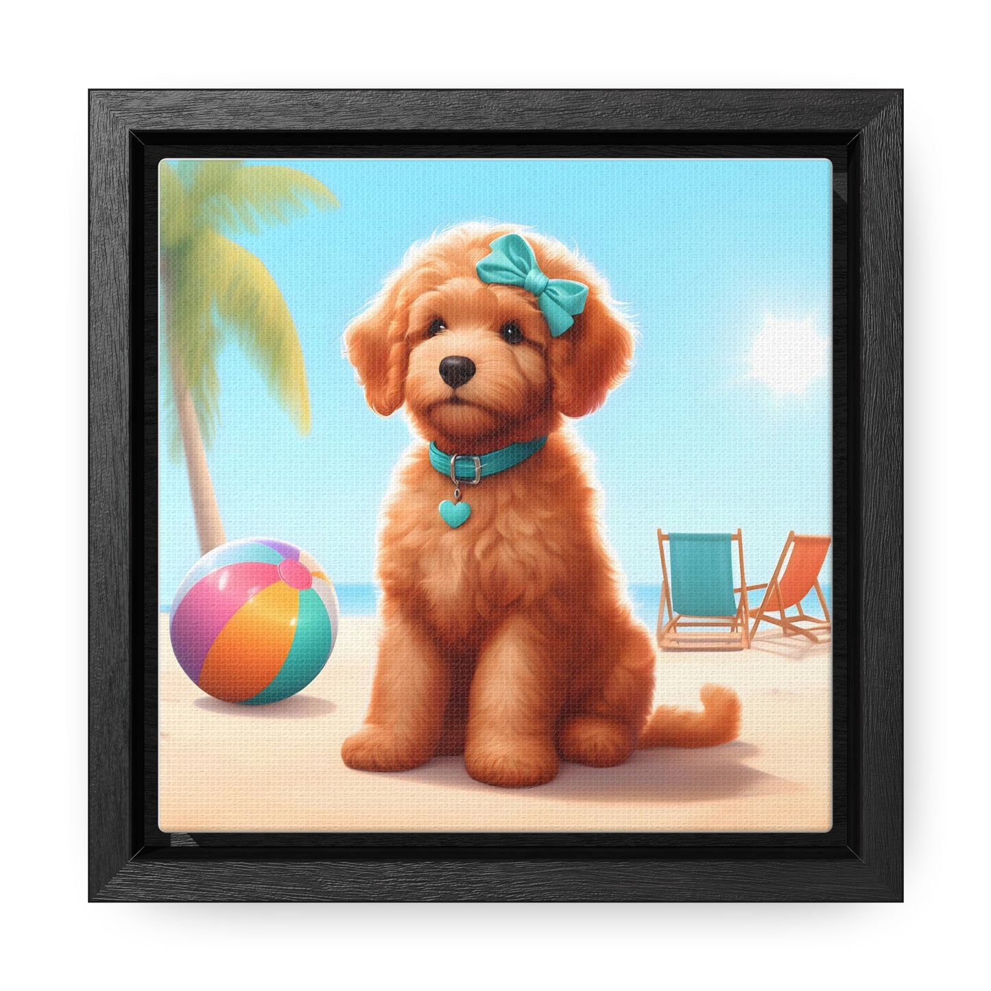 Doodle Puppy on Beach - Wooden Gallery Canvas Picture, Square Frame! Nice!