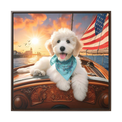 White Doodle on Sailboat at Sunset - Wooden Gallery Canvas Picture - Square Frame - Nice!