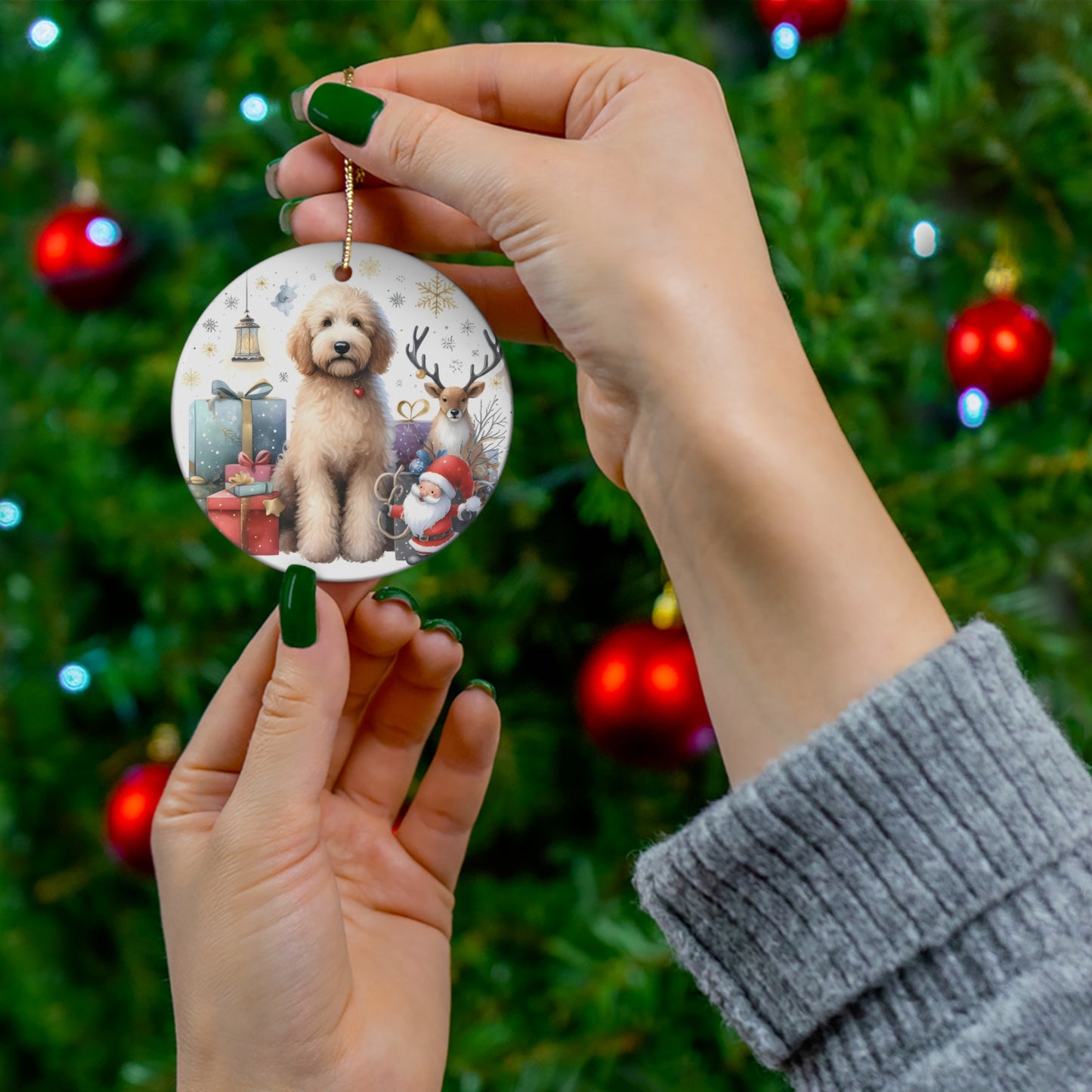 Christmas Doodle Ceramic Ornament, 4 Shapes